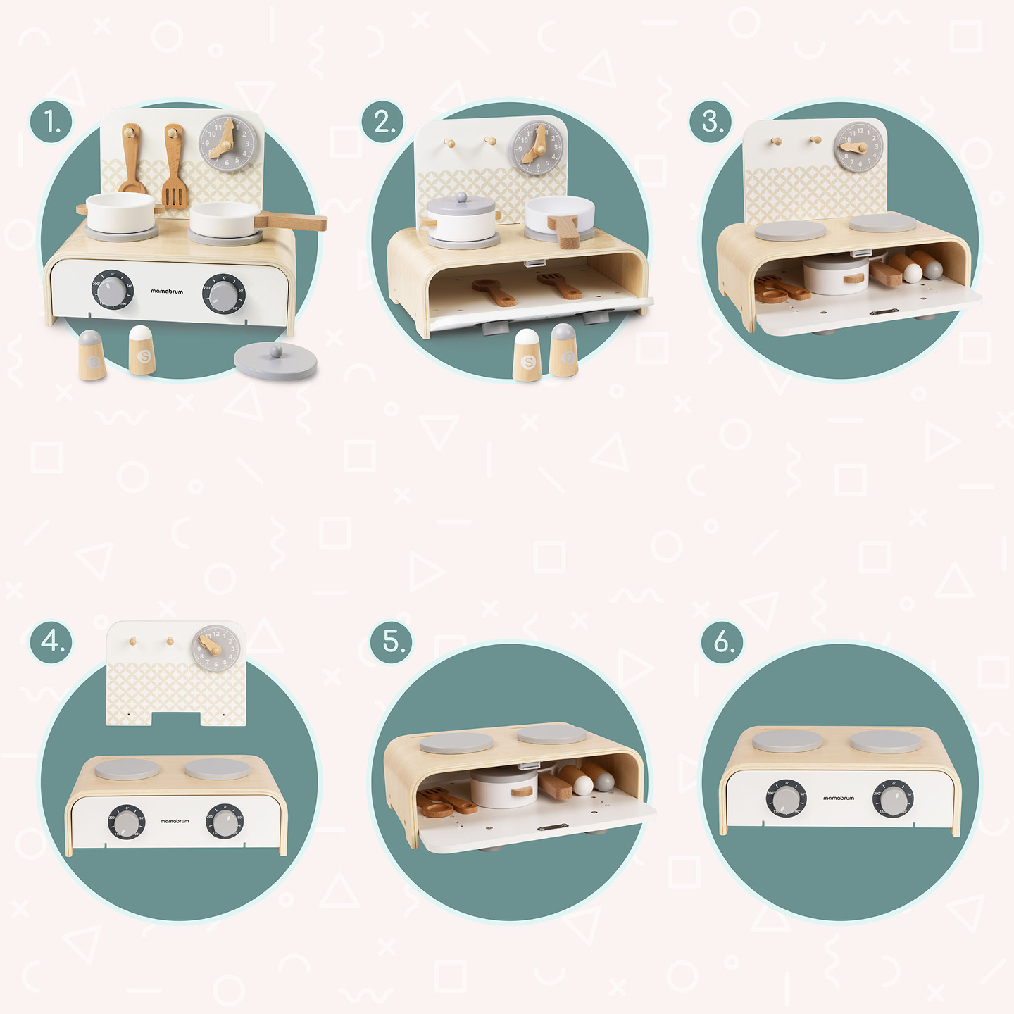 Drevená skladacia kuchynka Mamabrum pre deti - sada s hrncami, kuchynskými doplnkami a úložným priestorom