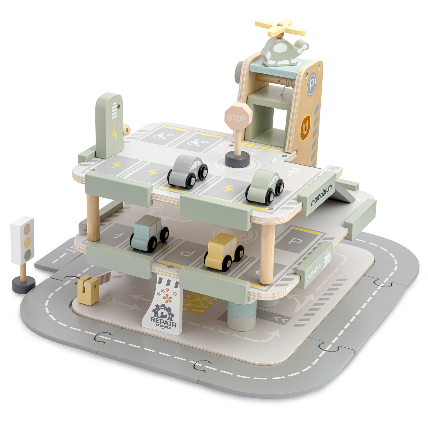 Drevená trojposchodová garáž pre deti s príslušenstvom – parkovisko, čerpacia stanica, umývačka áut, vrtuľník