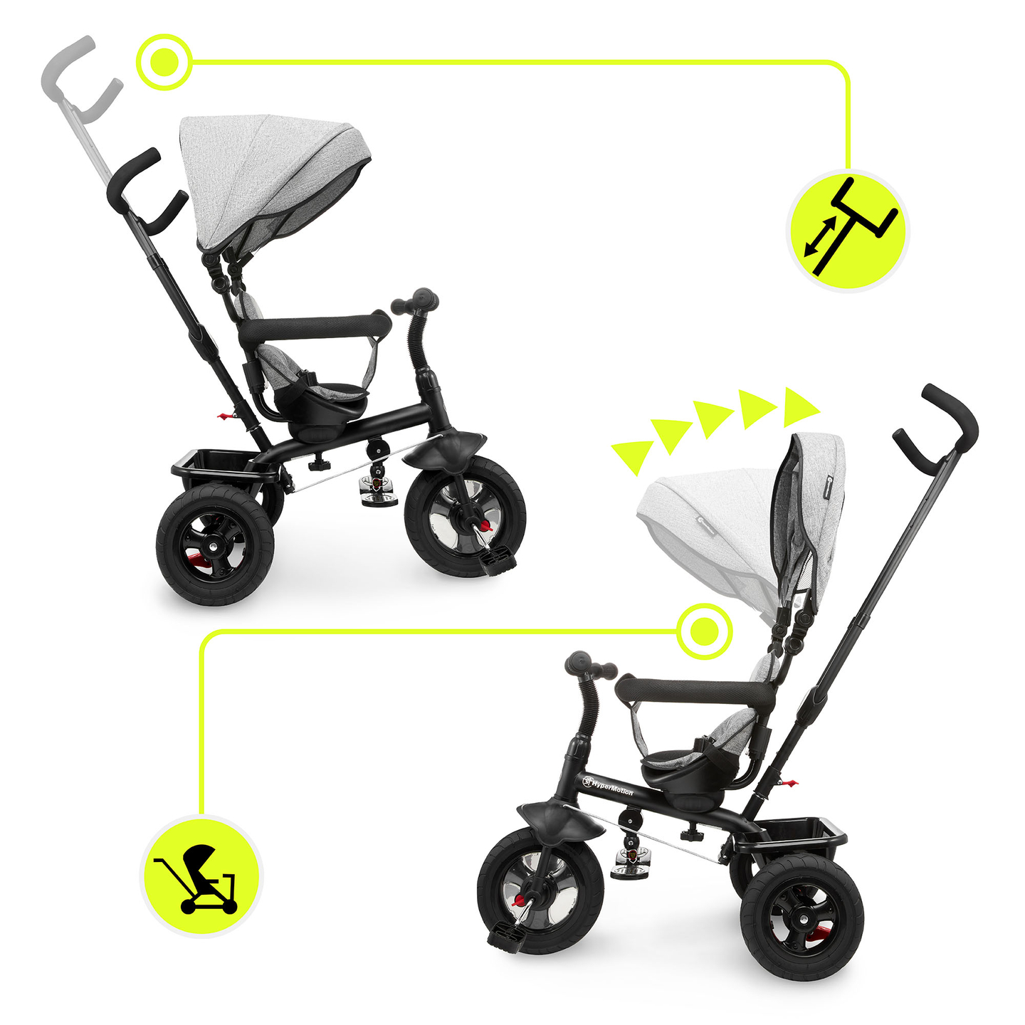 Trojkolka pre deti od 1 do 4 rokov - TOBI FREY - sivá farba - otočná - pumpované kolesá + tlačné koleso