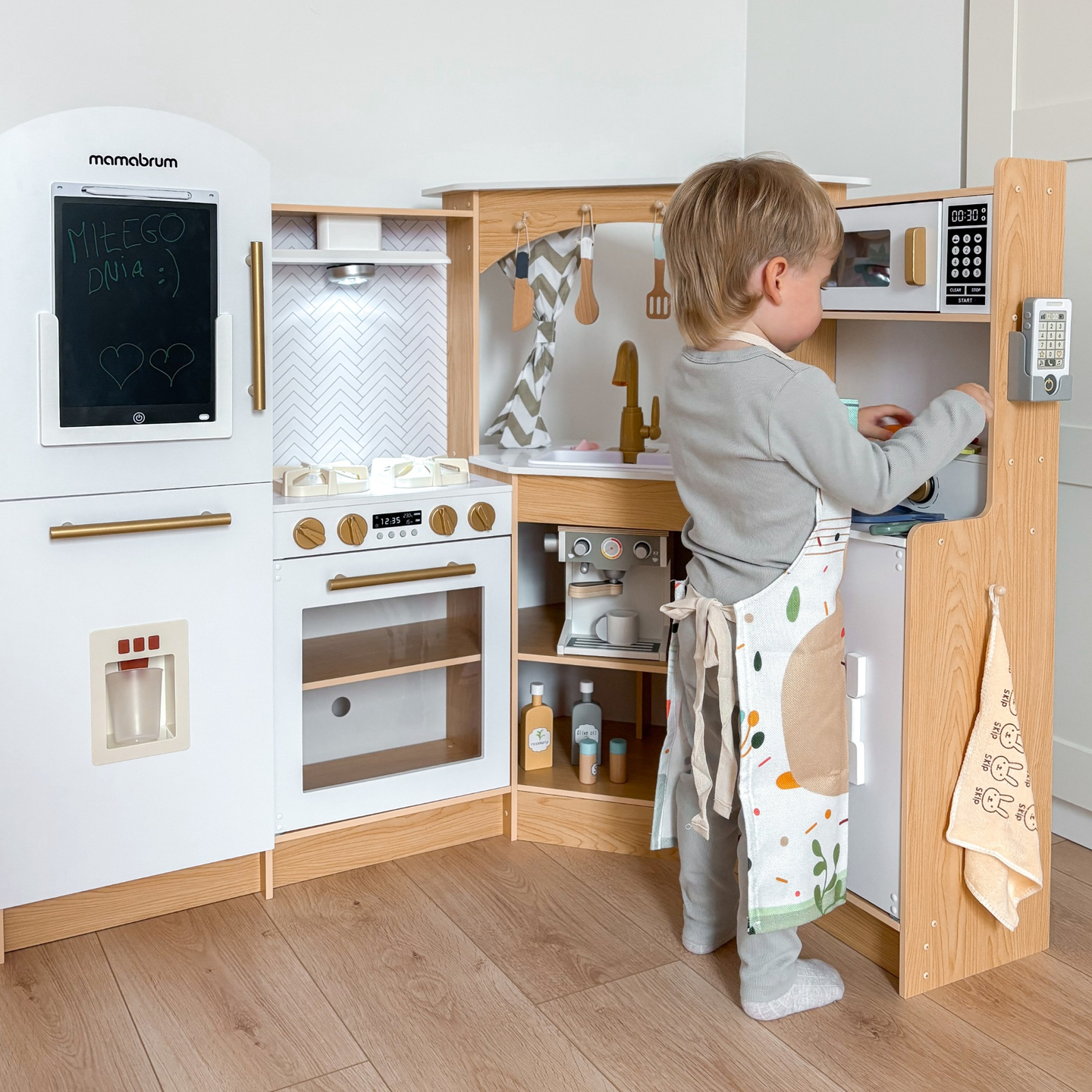 XXXXL veľká drevená interaktívna kuchyňa s LED osvetlením, práčkou, mikrovlnnou rúrou, kávovarom a sadou ovocia a zeleniny - 50 prvkov