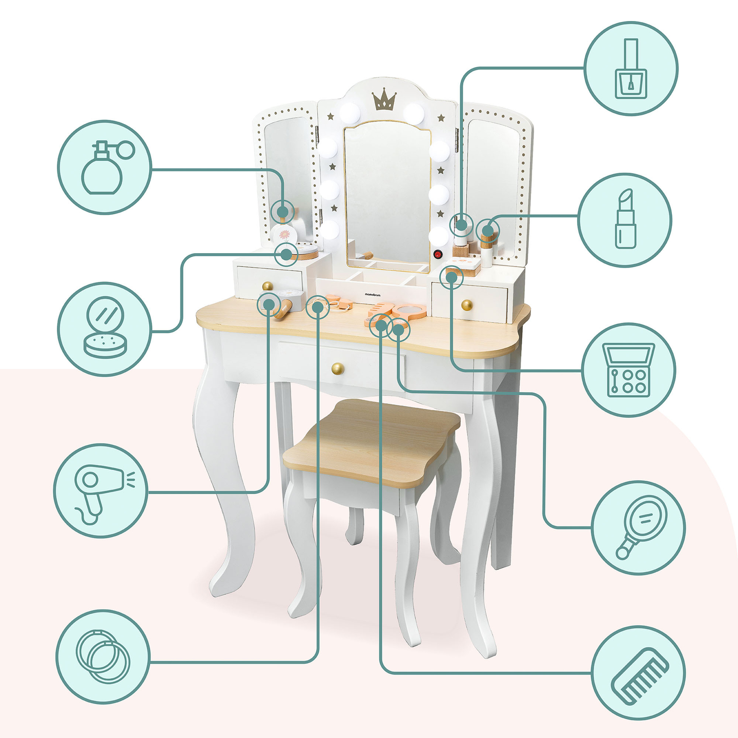 XXL drevený toaletný stolík so stoličkou a LED osvetlením pre deti + príslušenstvo