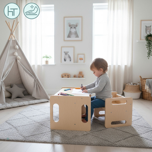 Drevený stôl a stolička s funkciou nášľapného mostíka – multifunkčná Montessori sada pre deti