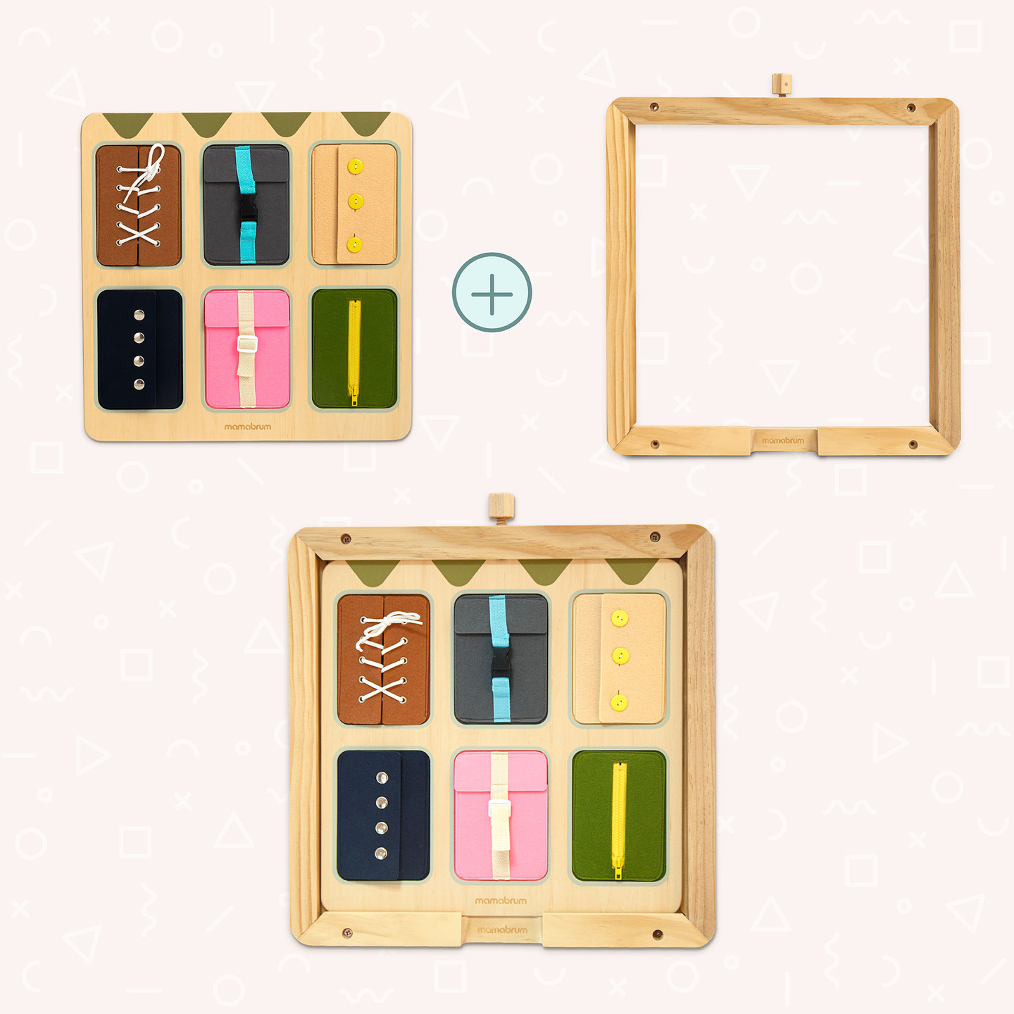 Drevená Montessori manipulačná doska – senzorické učenie samostatnosti – šnúrky, pracky, gombíky, patentky, zips