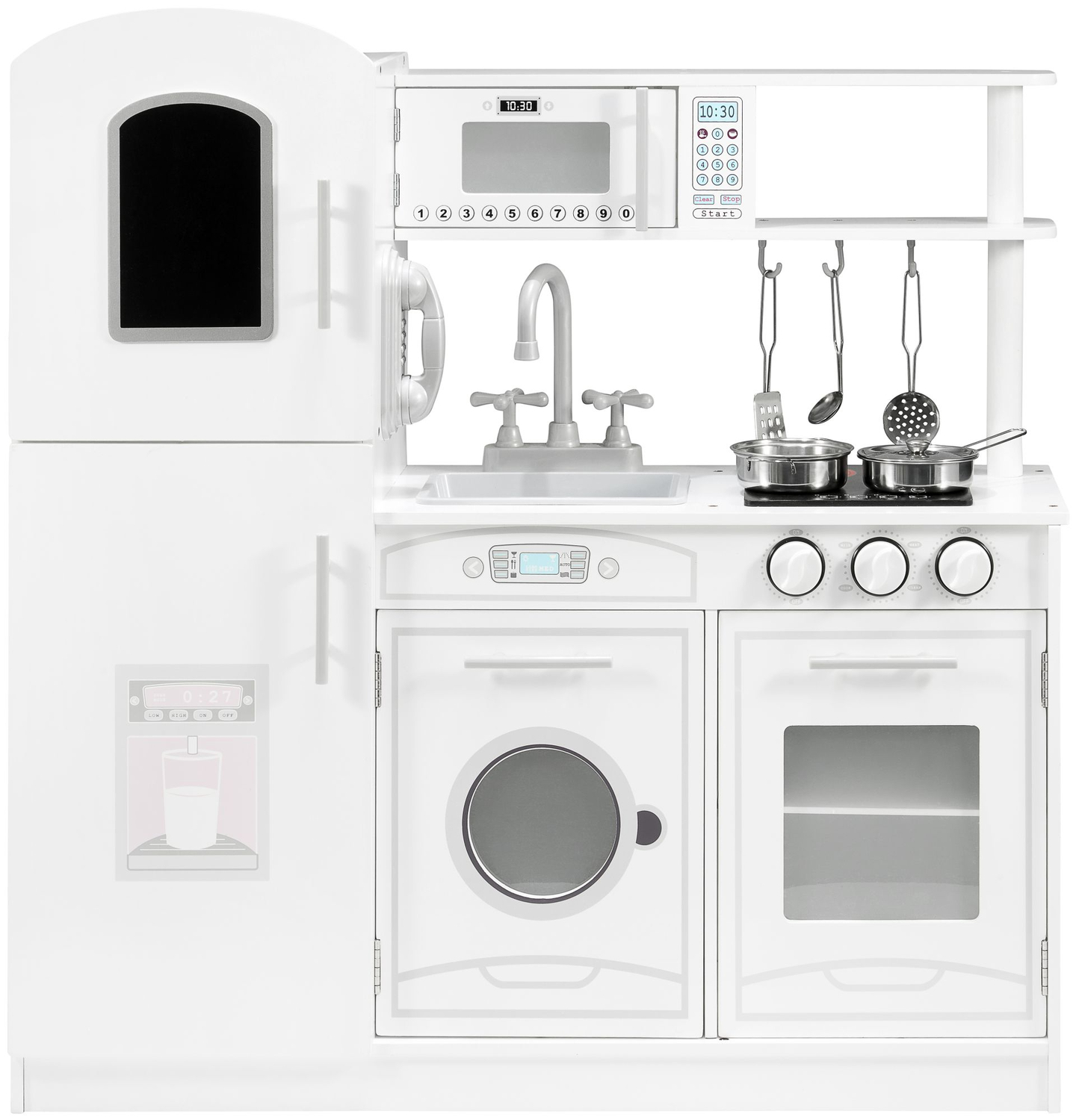 Veľké drevené biele kuchynské doplnky a zástera