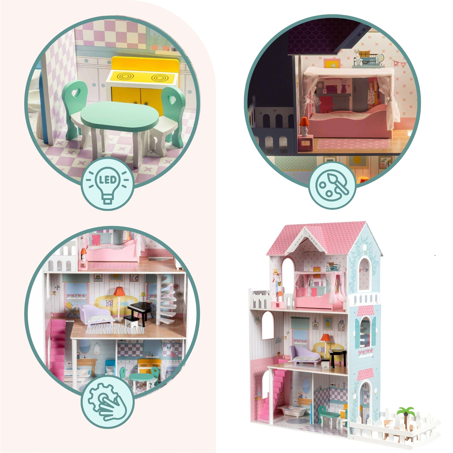 XXL Najväčší drevený domček pre bábiky - 123 cm - LED osvetlenie - terasa, doplnky, záhrada