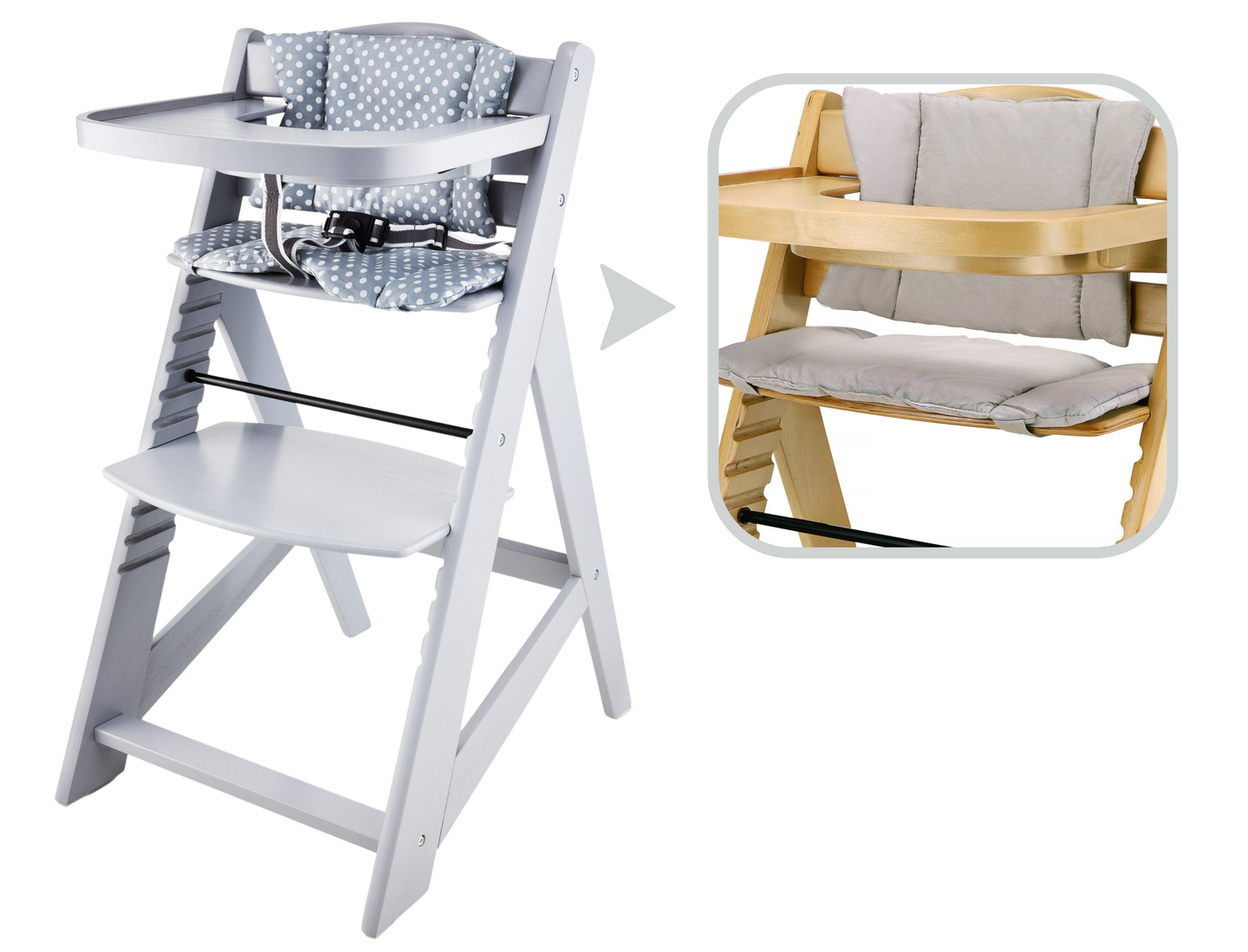 Drevená stolička na kŕmenie Moby-System WOODY - sivá farba