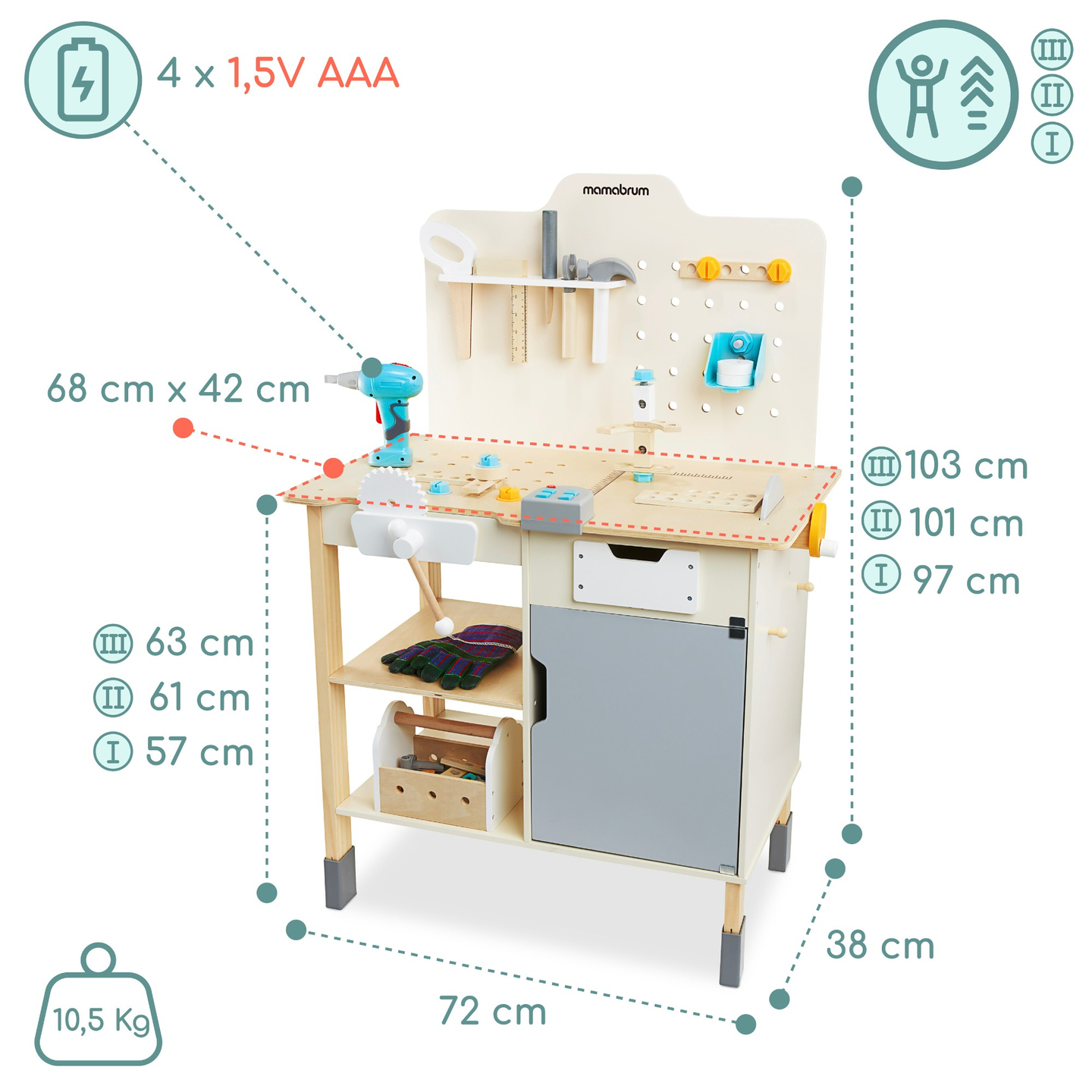 XXL Veľká drevená dielňa s náradím - sada pre domácich majstrov, 74 prvkov