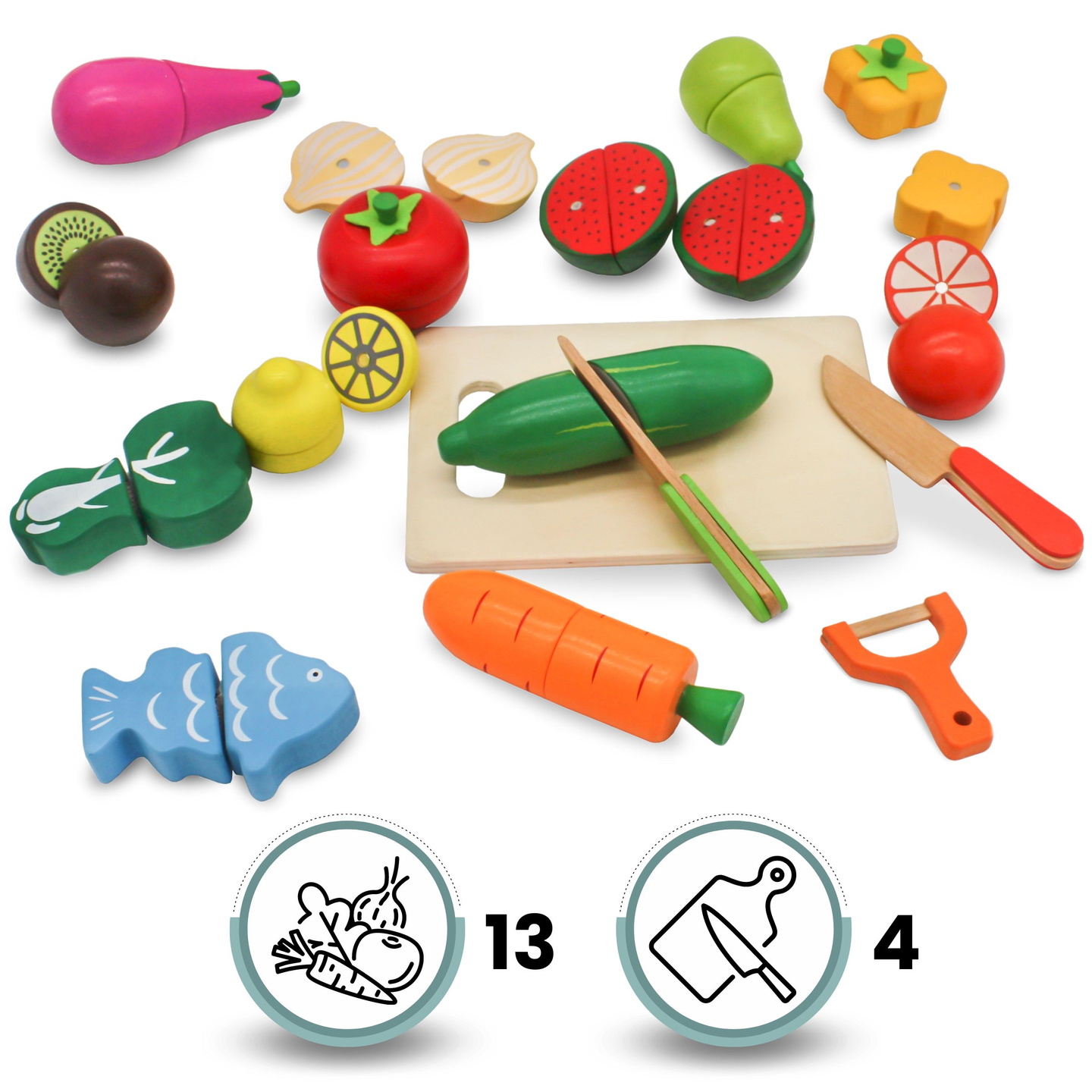 Drevené ovocie a zelenina na krájanie