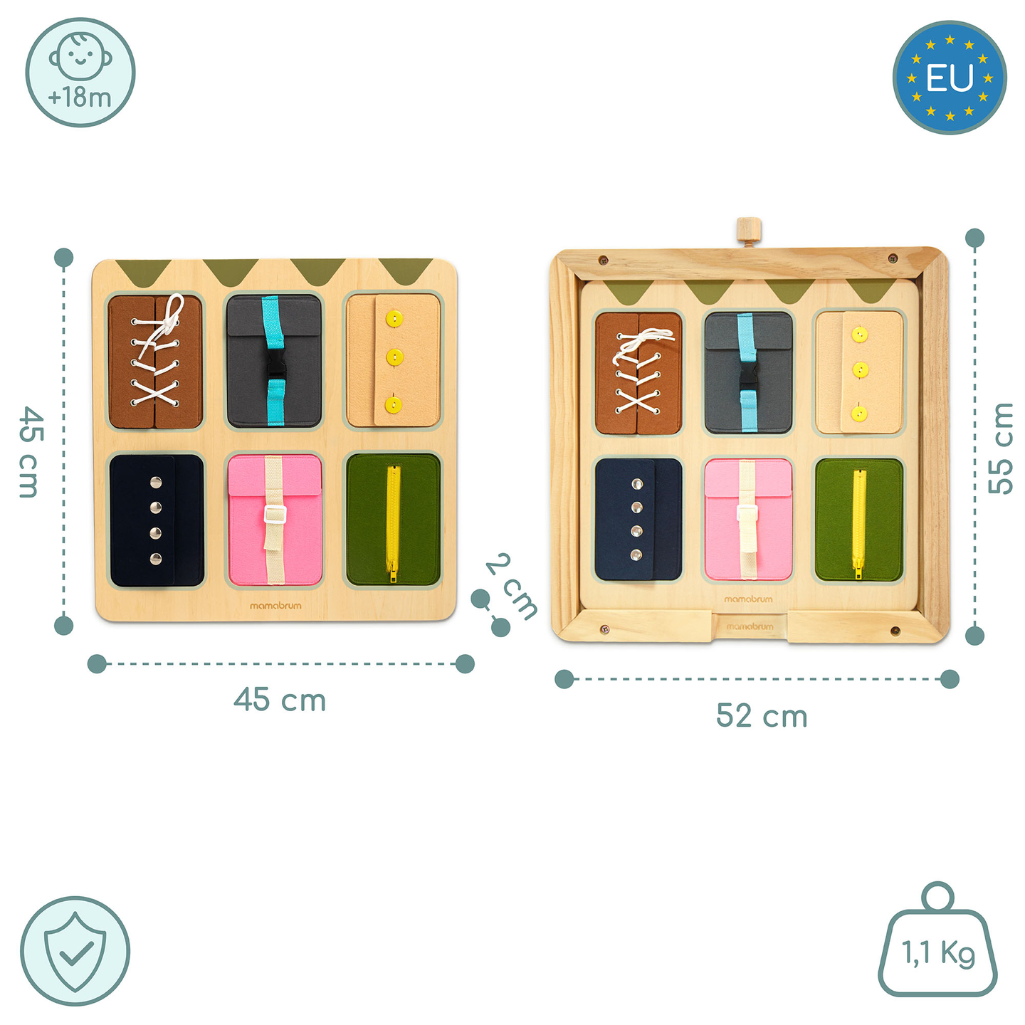 Drevená Montessori manipulačná doska – senzorické učenie samostatnosti – šnúrky, pracky, gombíky, patentky, zips