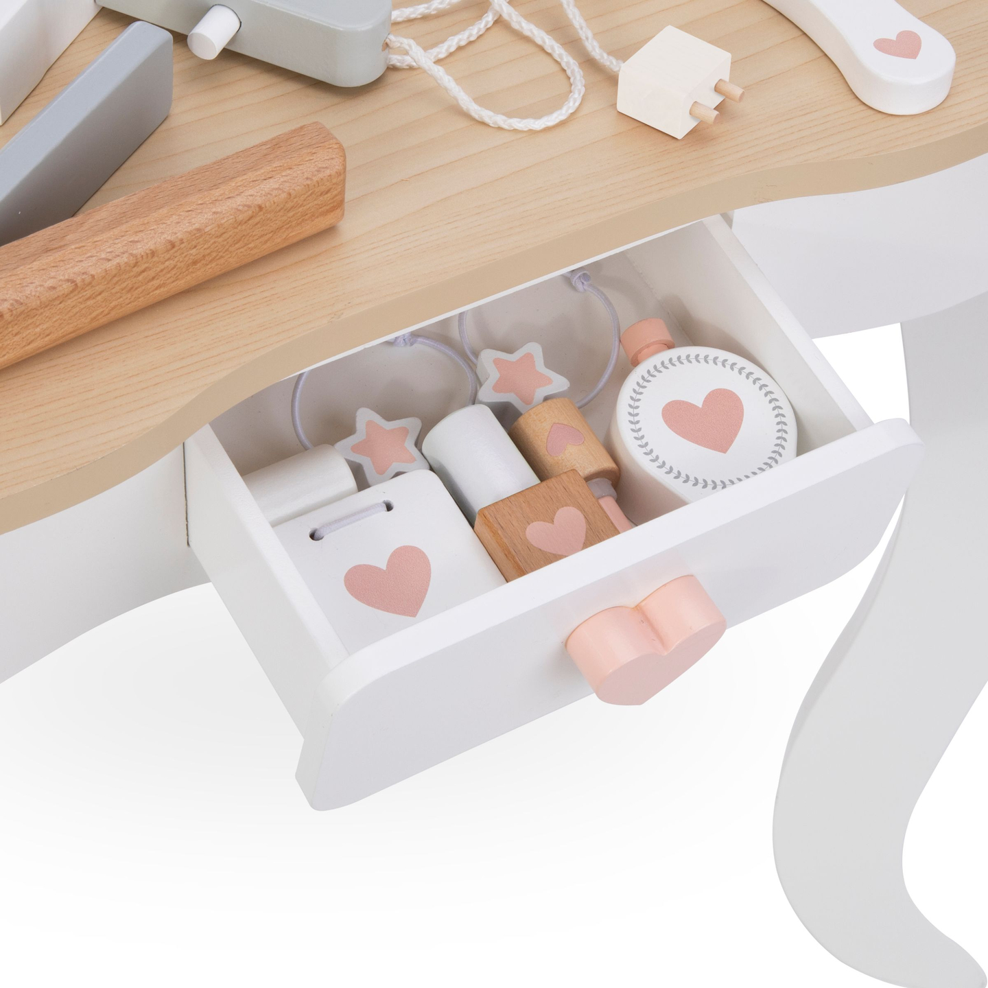 Drevený toaletný stolík so stoličkou a príslušenstvom