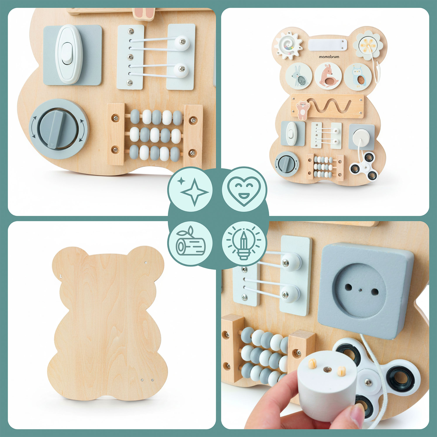 Drevená manipulačná doska Montessori s plyšovým medvedíkom - senzorické učenie samostatnosti: suchý zips, zátka, bludisko, klikajúci gombík