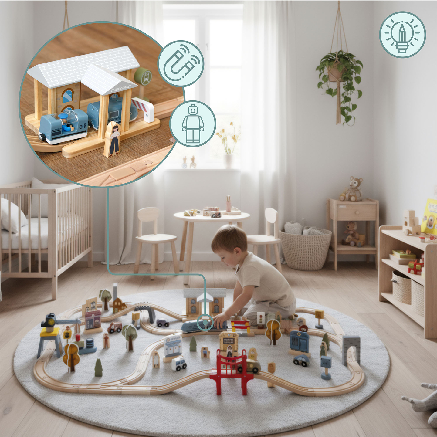 Drevená mestská železnica s elektrickým vlakom - pohybujúci sa žeriav, loď, mosty