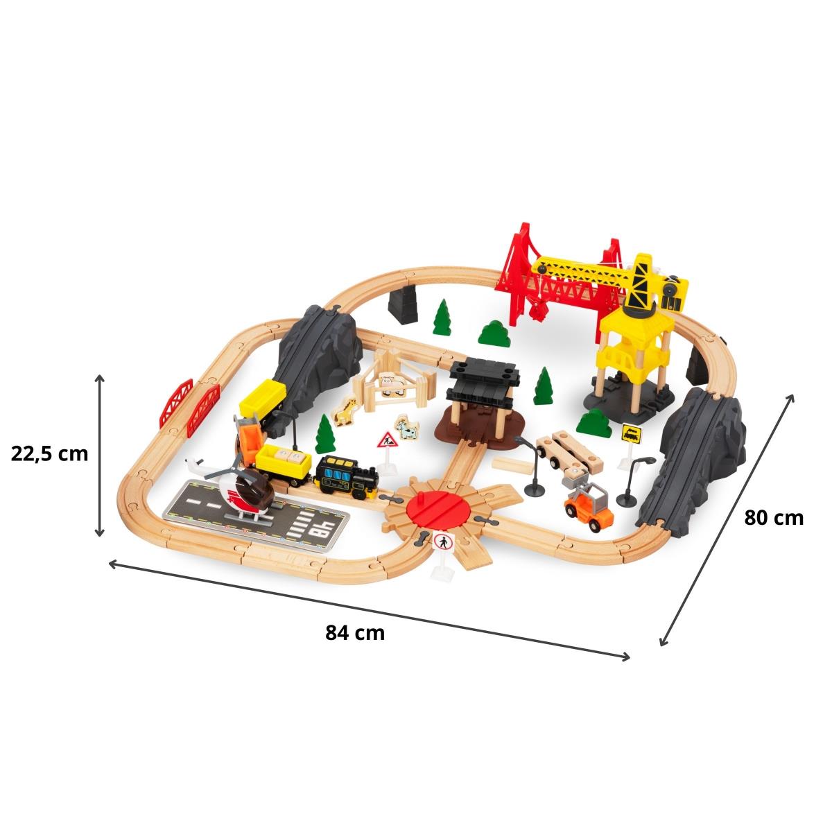 Drevená železnica, vláčik na batérie - Mesto: koľaje, autá, most, letisko