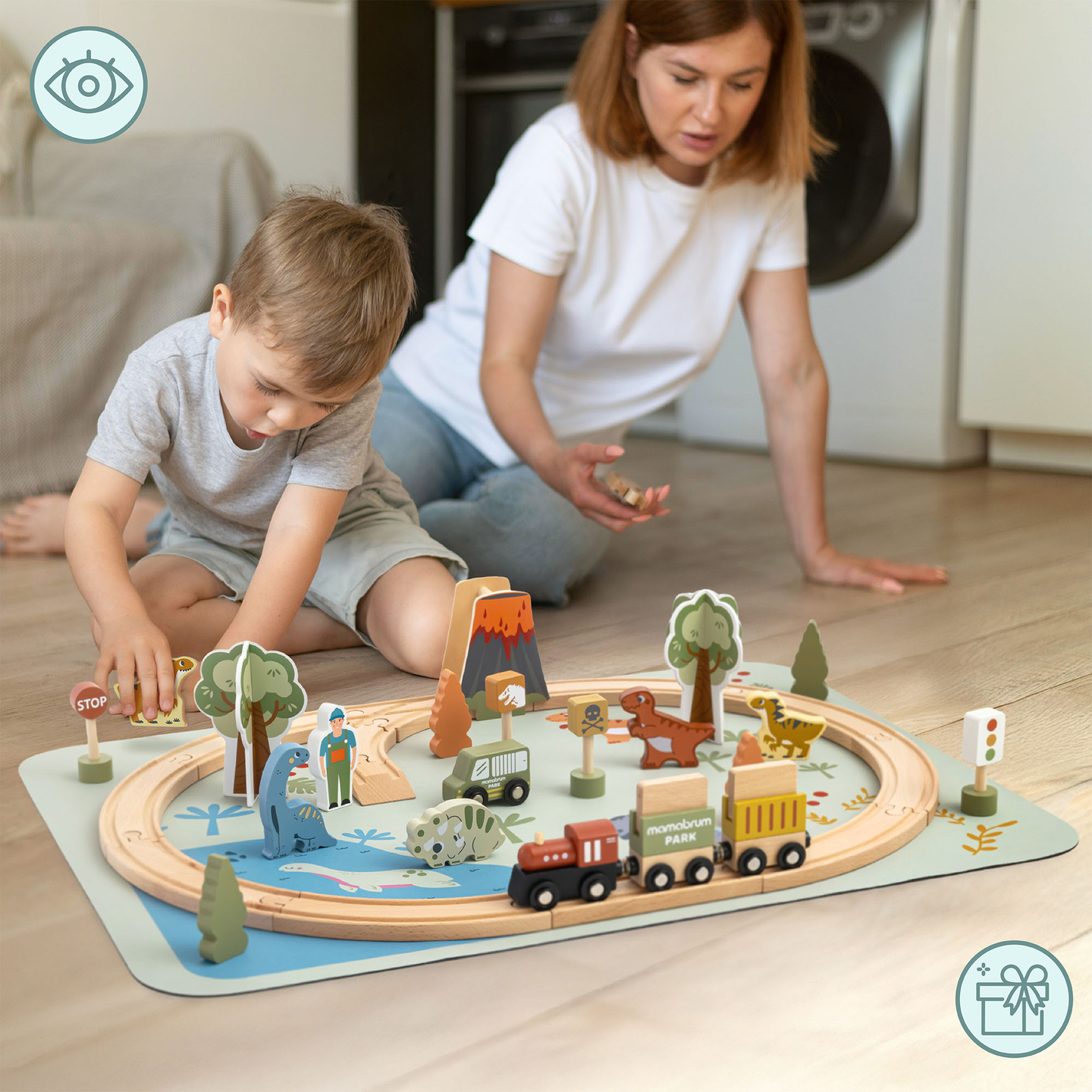 Drevený vláčik Dino Park s protišmykovou podložkou - dinosaury, vláčik, koľajnice, sopka, zvonček