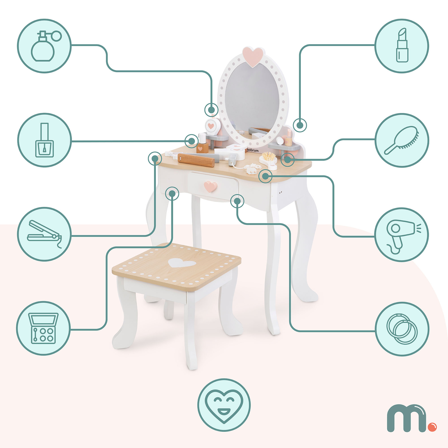 Drevený toaletný stolík so stoličkou a príslušenstvom