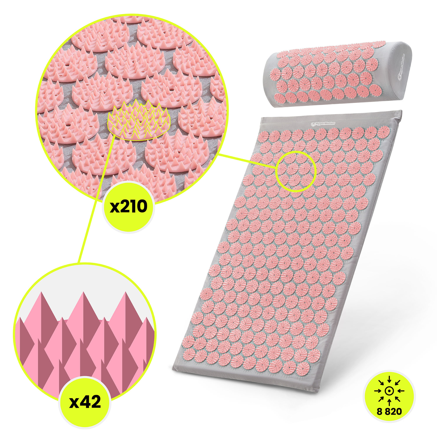 Akupresúrna podložka s vankúšom a poťahom - 72 cm HyperMotion sivá a ružová
