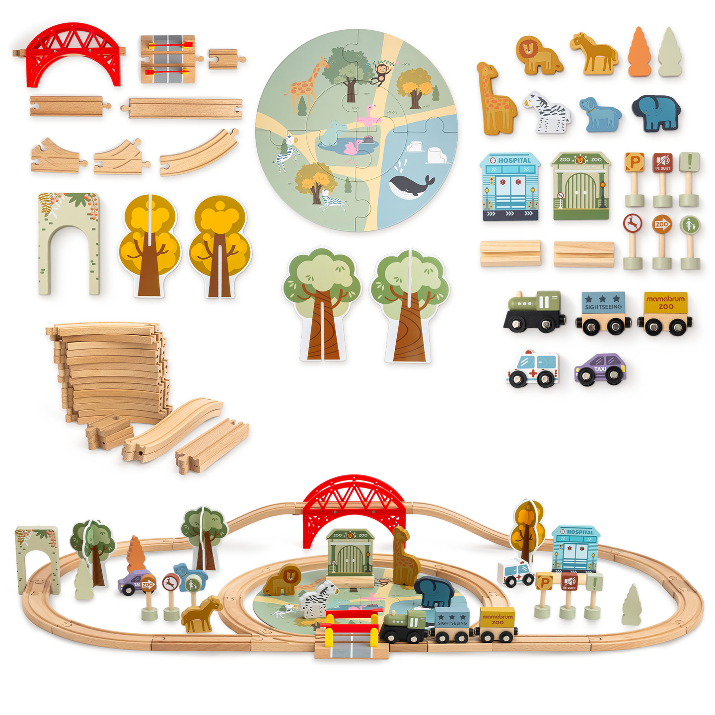 Drevený vláčik do zoo – puzzle, vláčik, koľajnice, zvieratá, most, závora