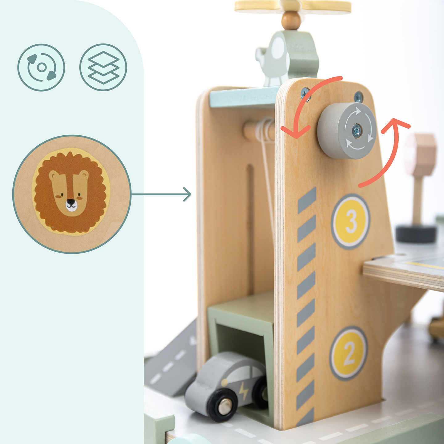 Drevená trojposchodová garáž pre deti s príslušenstvom – parkovisko, čerpacia stanica, umývačka áut, vrtuľník