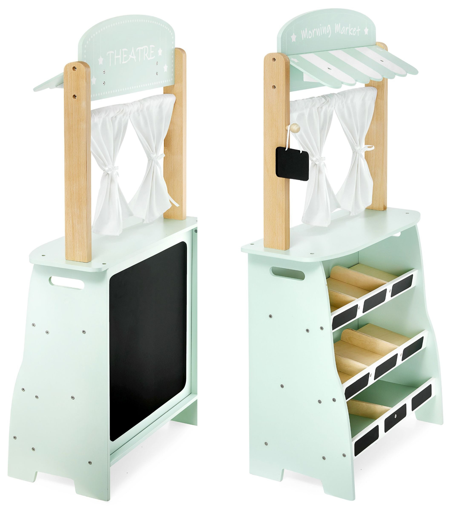 Veľký drevený obchod - stánok a divadlo 2 v 1 s váhou, platobným terminálom, ovocím a zeleninou