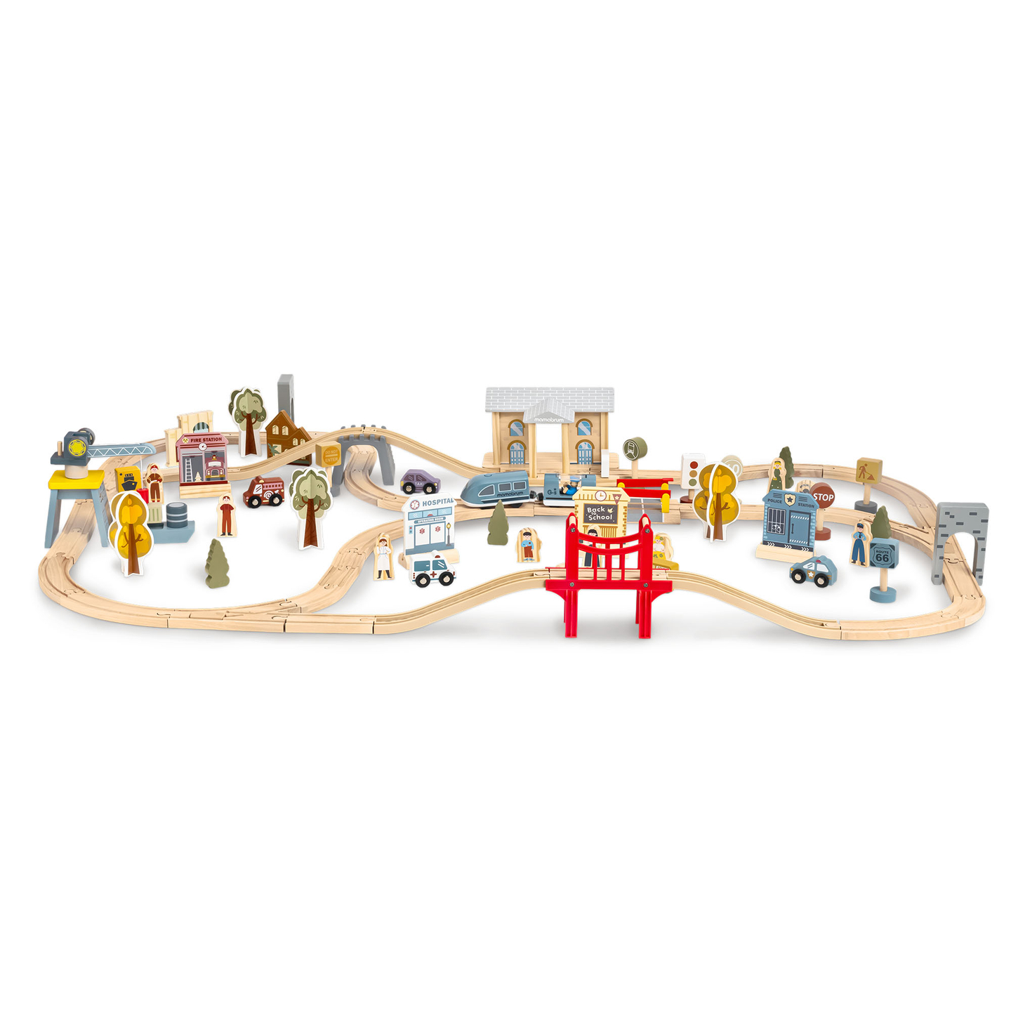 Drevená mestská železnica s elektrickým vlakom - pohybujúci sa žeriav, loď, mosty