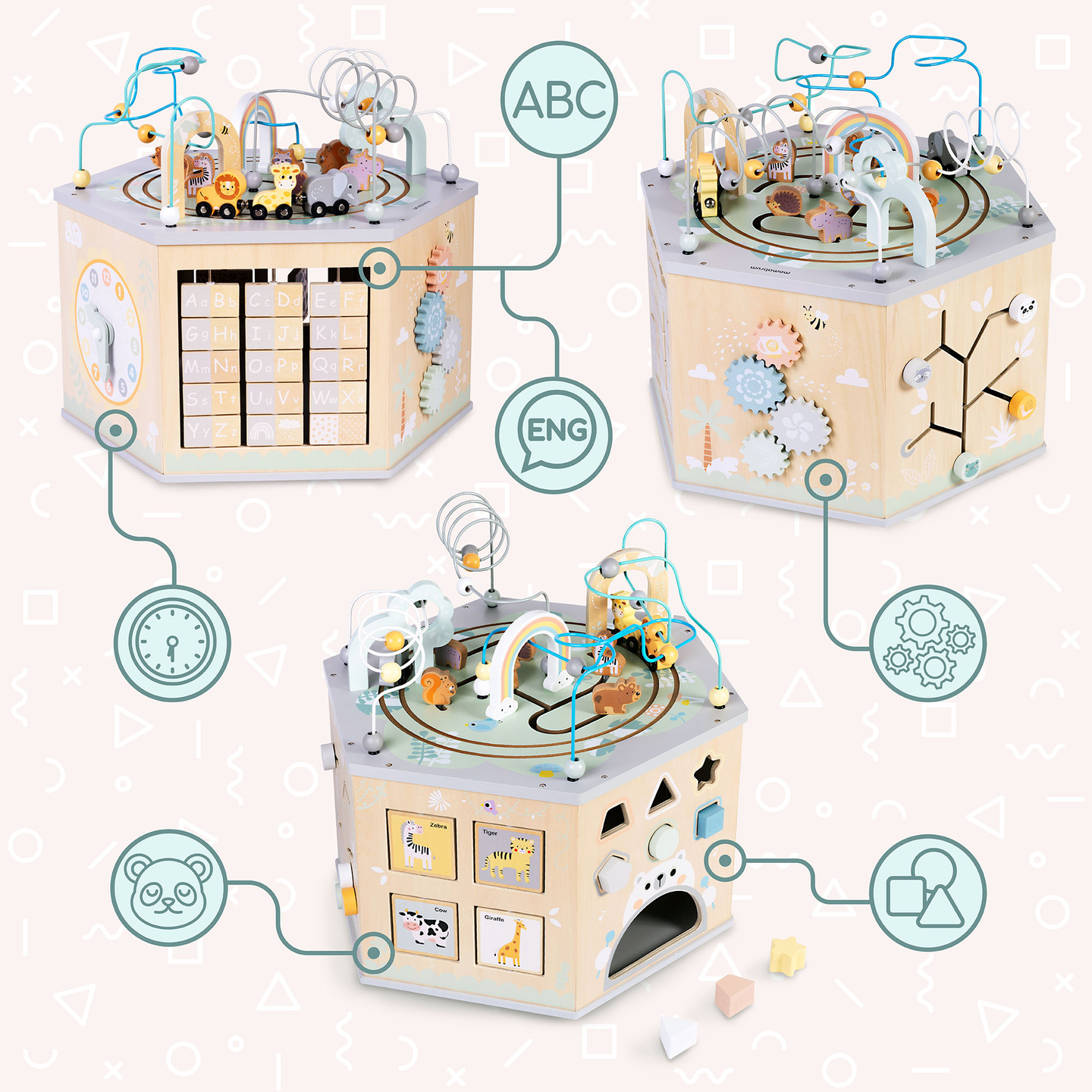 Veľká drevená vzdelávacia kocka - Montessori hračka s magnetickým vláčikom a motorovými slučkami