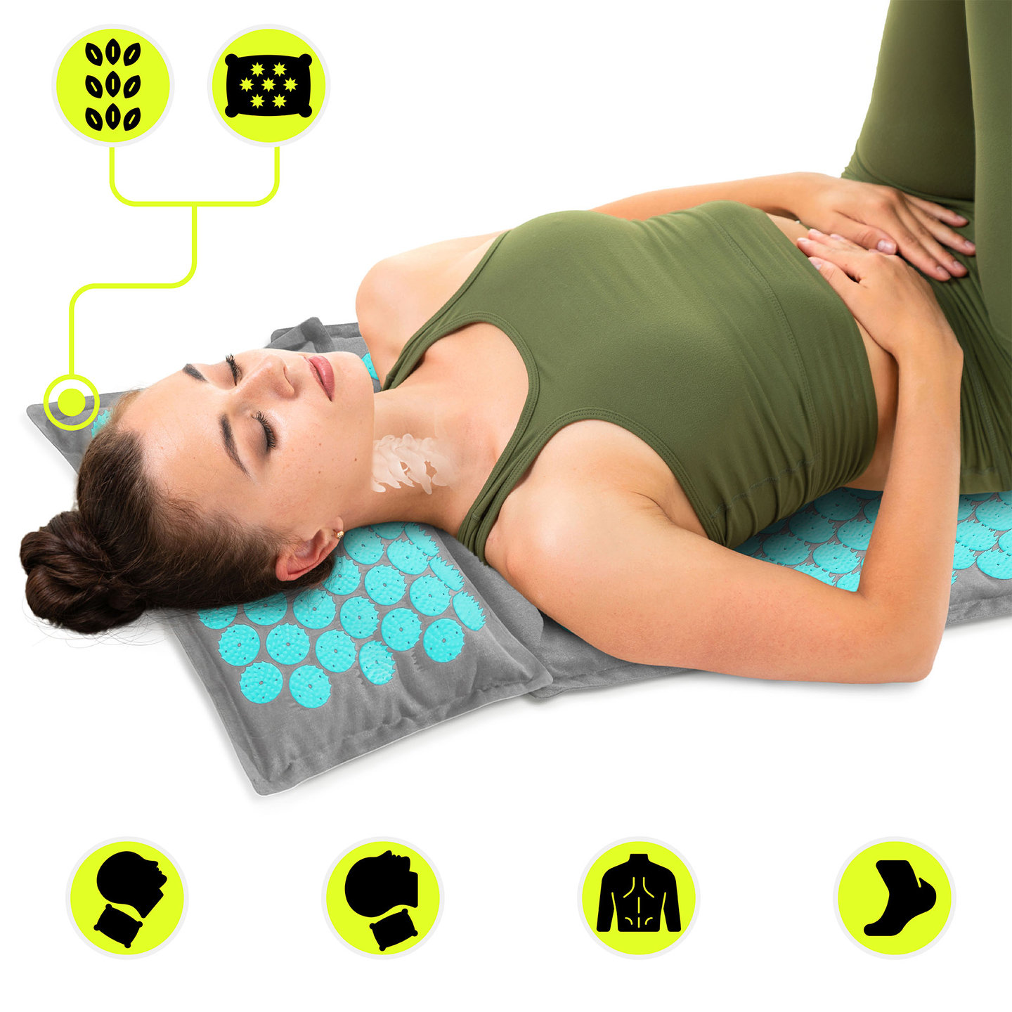 EKO ľanová akupresúrna podložka s kokosovým vláknom a pohánkovým vankúšom – 68 cm HyperMotion sivo-mätová