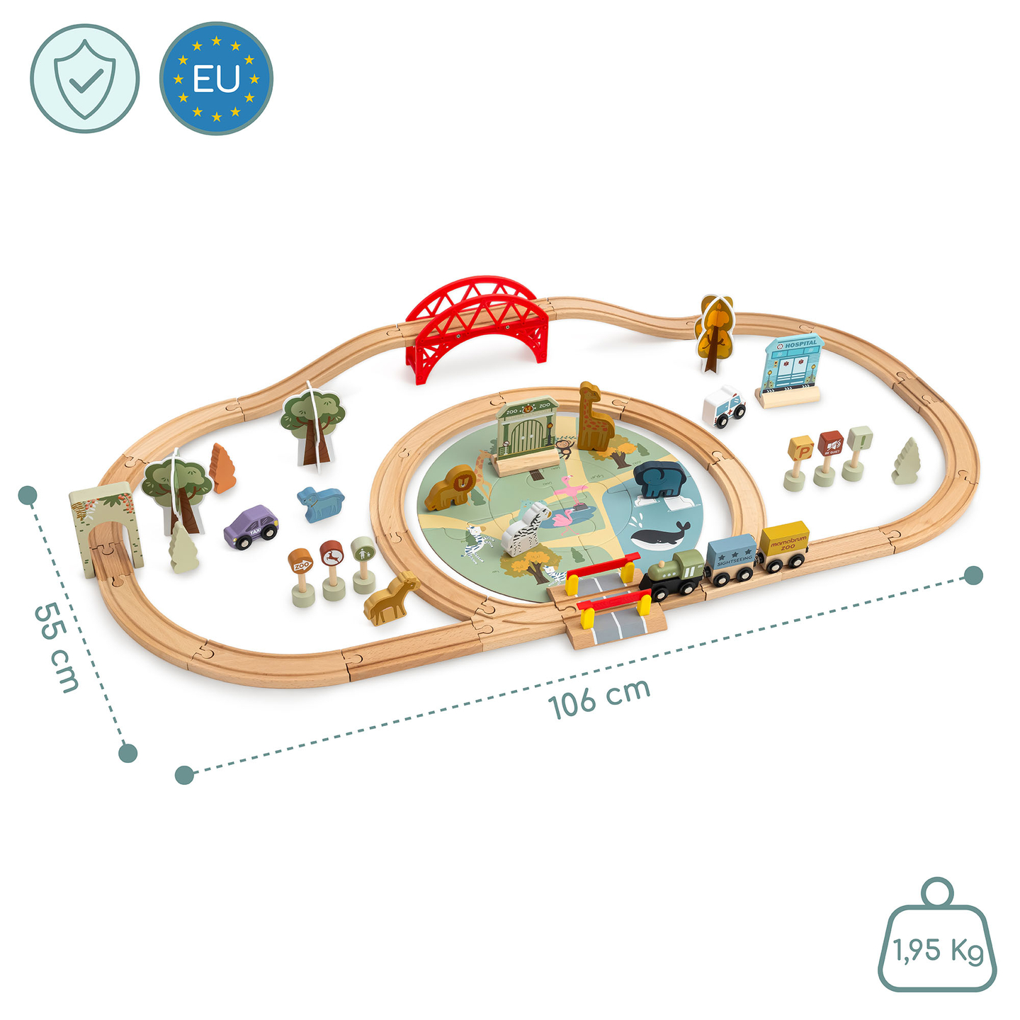 Drevený vláčik do zoo – puzzle, vláčik, koľajnice, zvieratá, most, závora