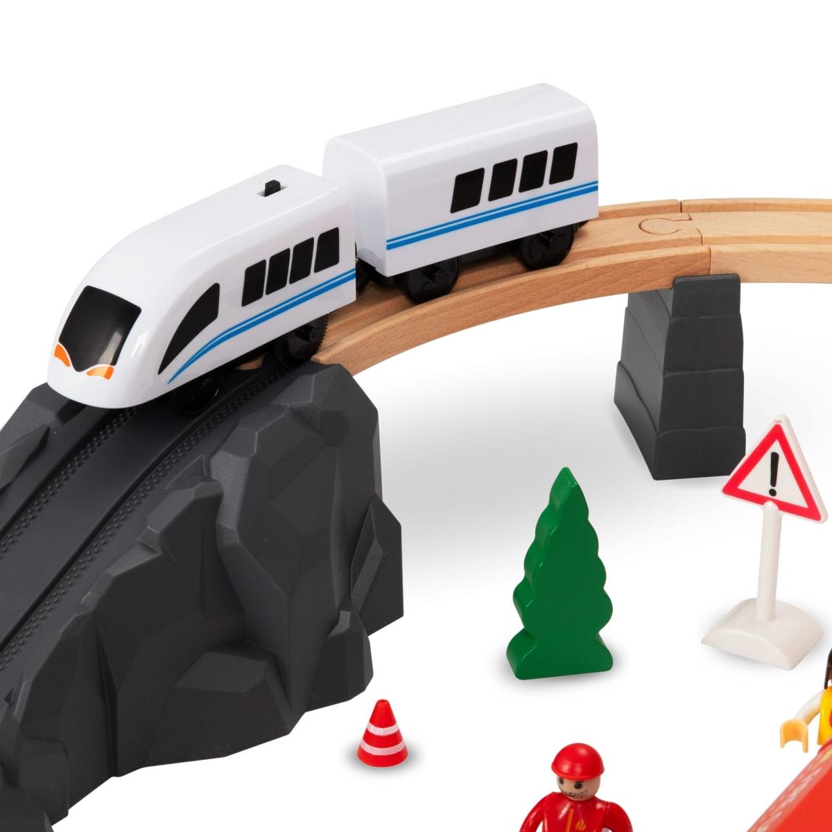Drevená železnica, vláčik na batérie - Hasiči, koľaje, autá, mosty, závora
