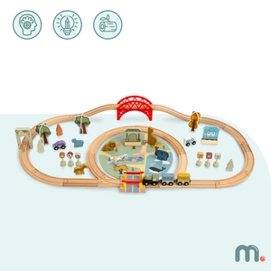 Drevený vláčik do zoo – puzzle, vláčik, koľajnice, zvieratá, most, závora