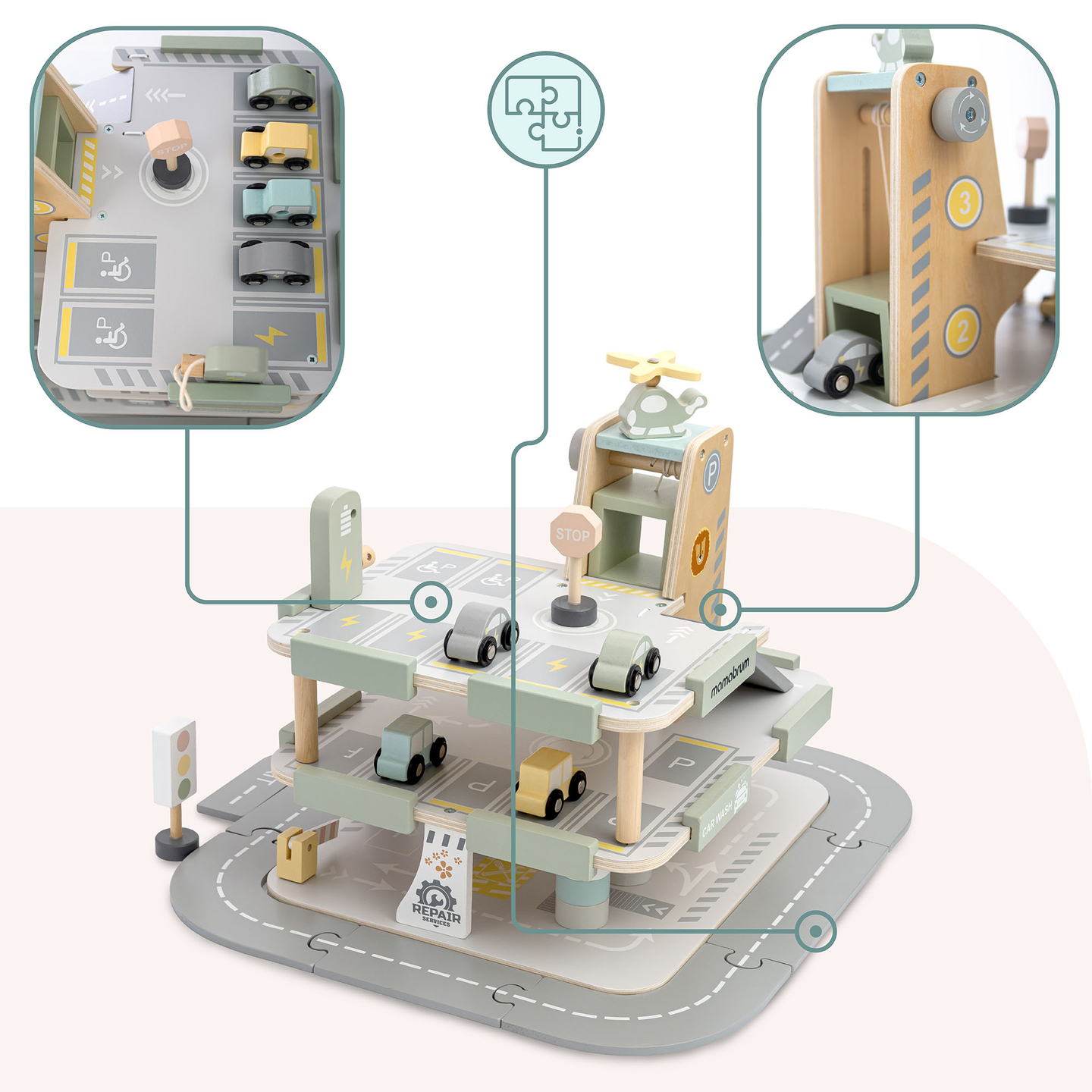 Drevená trojposchodová garáž pre deti s príslušenstvom – parkovisko, čerpacia stanica, umývačka áut, vrtuľník