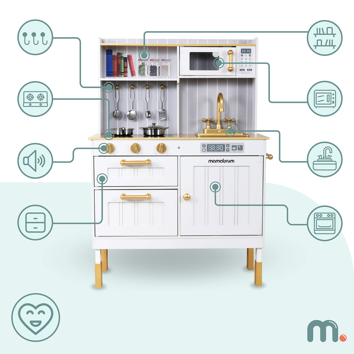 Drevená biela kuchyňa s príslušenstvom a zásterou