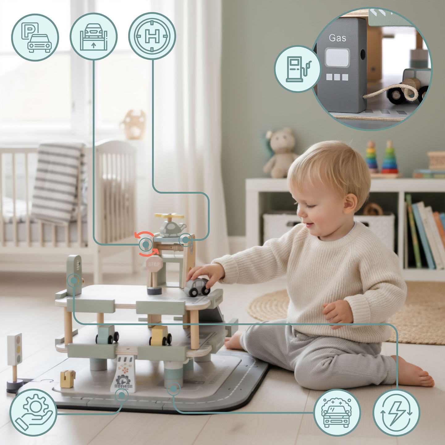 Drevená trojposchodová garáž pre deti s príslušenstvom – parkovisko, čerpacia stanica, umývačka áut, vrtuľník