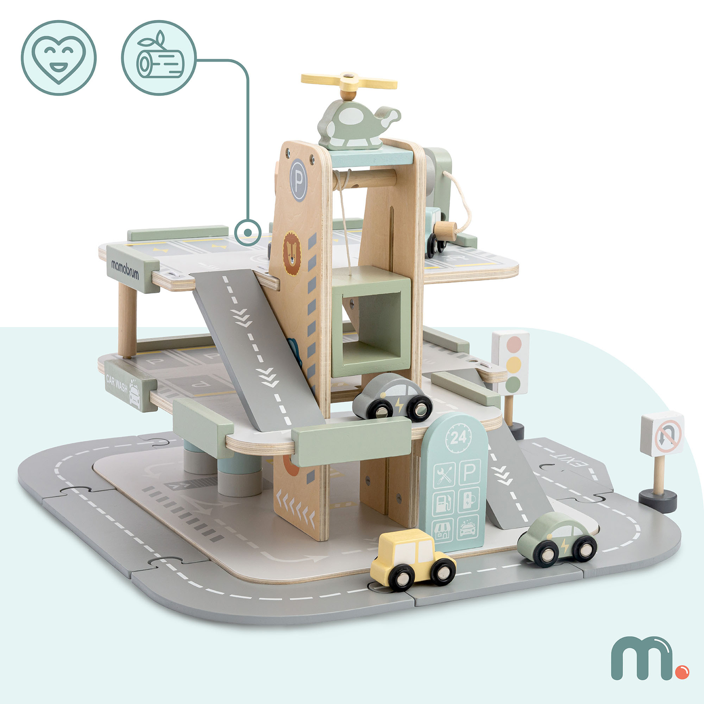 Drevená trojposchodová garáž pre deti s príslušenstvom – parkovisko, čerpacia stanica, umývačka áut, vrtuľník