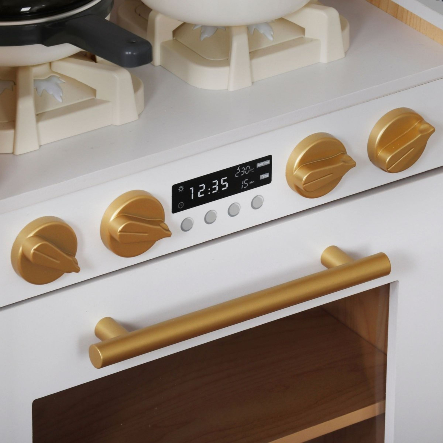 XXXXL veľká drevená interaktívna kuchyňa s LED osvetlením, práčkou, mikrovlnnou rúrou, kávovarom a sadou ovocia a zeleniny - 50 prvkov