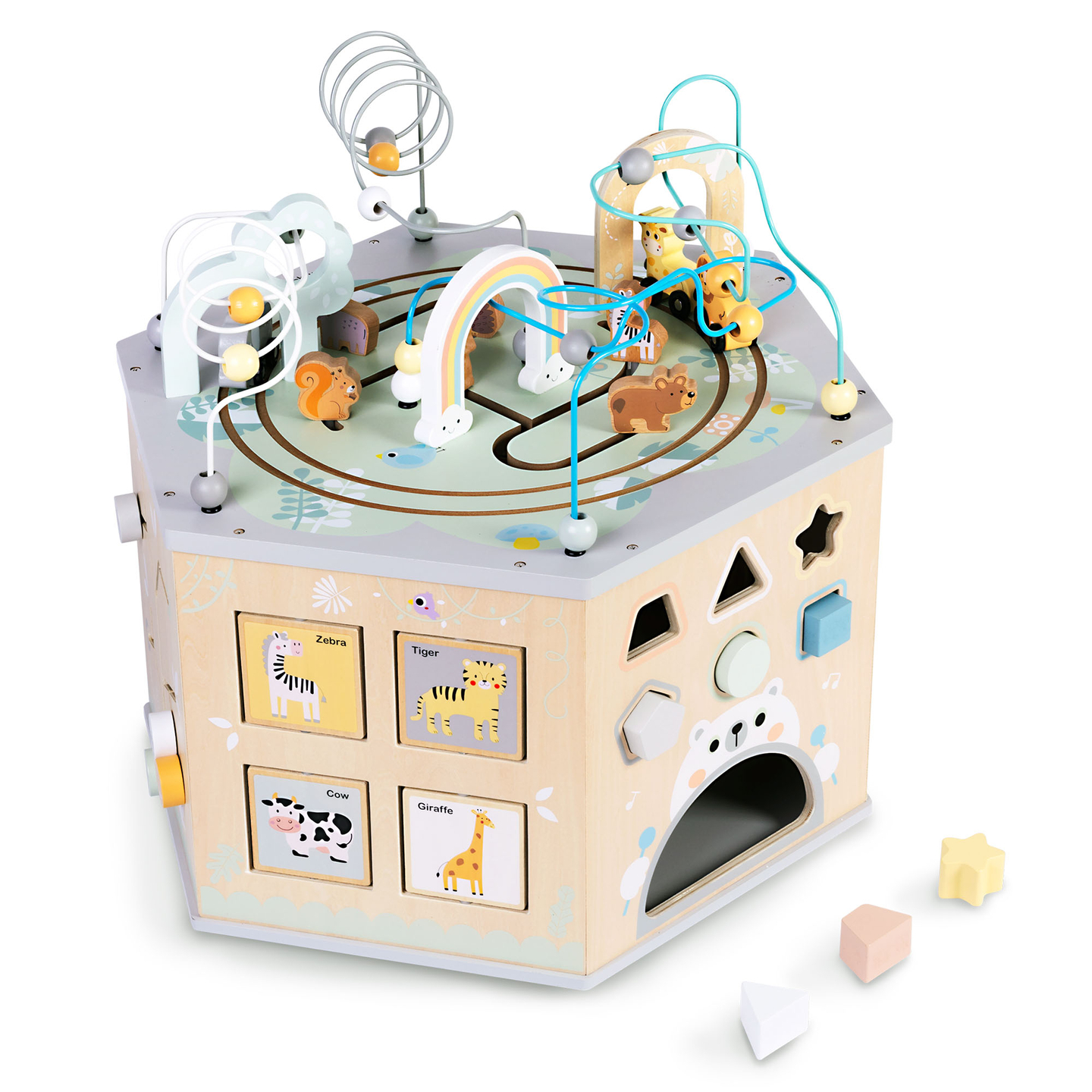 Veľká drevená vzdelávacia kocka - Montessori hračka s magnetickým vláčikom a motorovými slučkami