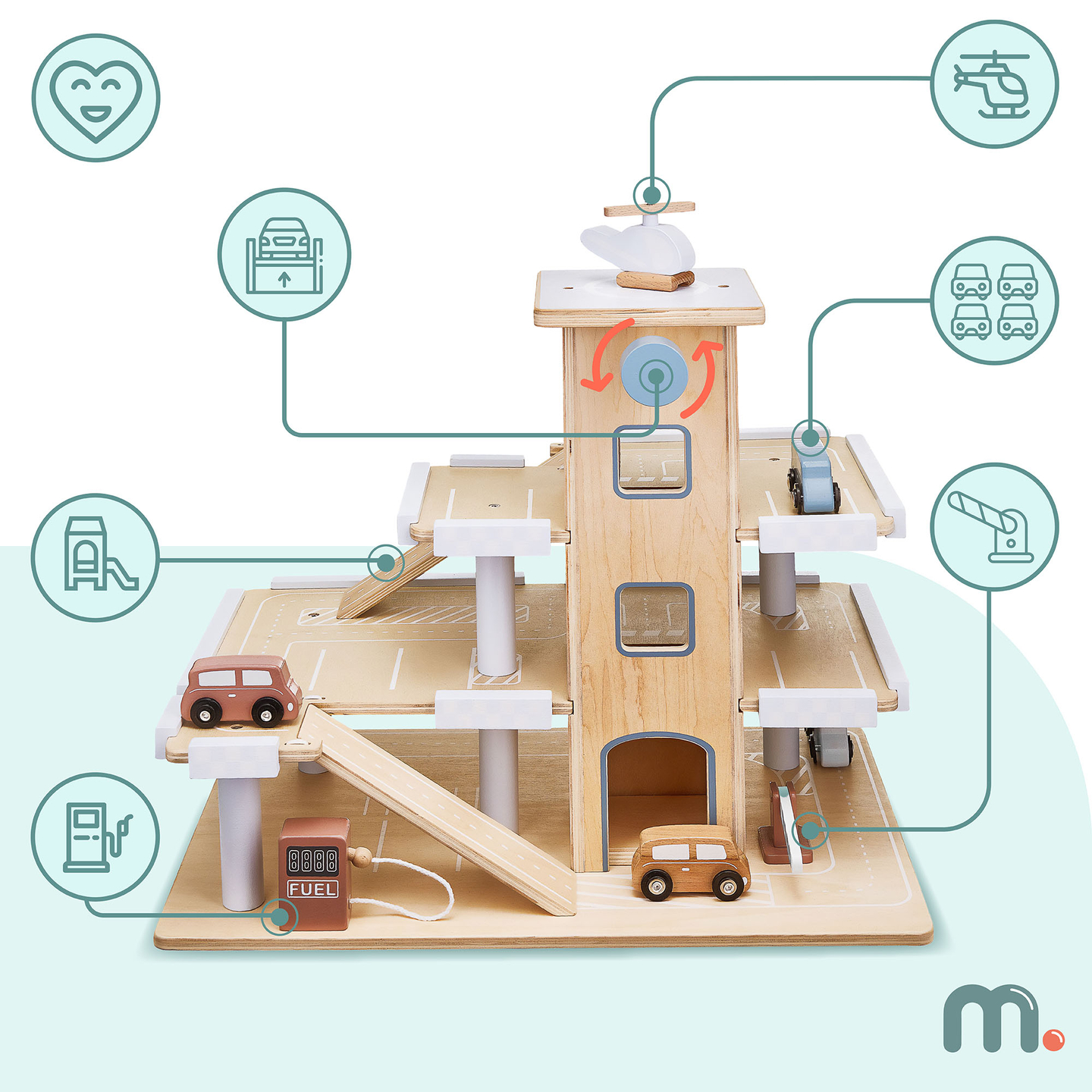 Drevené trojpodlažné parkovisko s výťahom - garáž s autami a vrtuľníkom