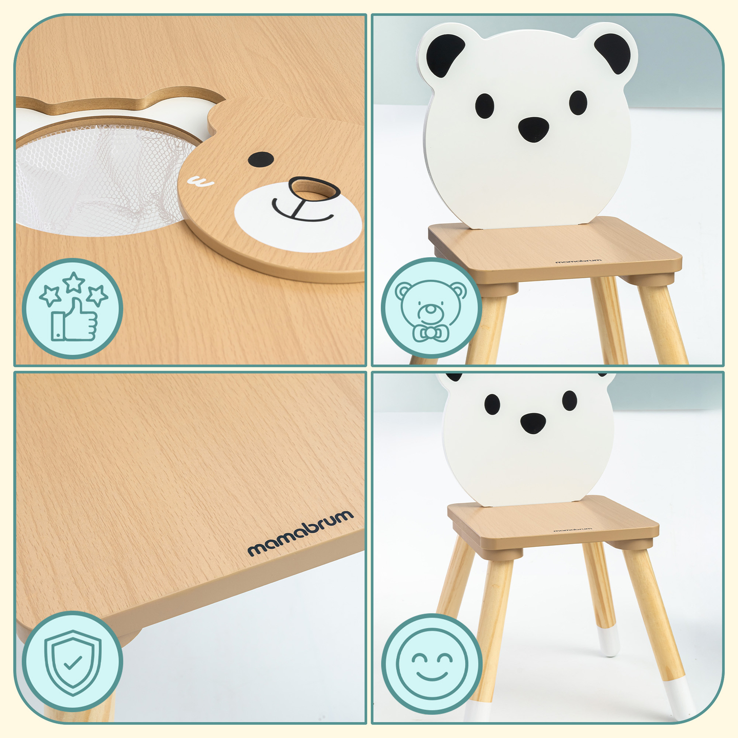 Drevený stôl s úložným priestorom a 2 stoličkami Detská súprava - Roztomilý plyšový medvedík