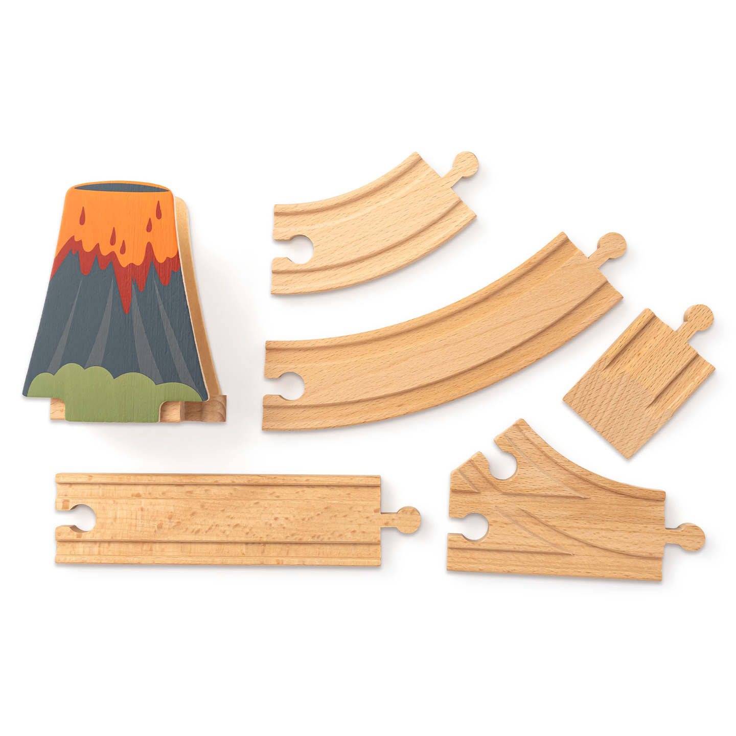 Drevený vláčik Dino Park s protišmykovou podložkou - dinosaury, vláčik, koľajnice, sopka, zvonček