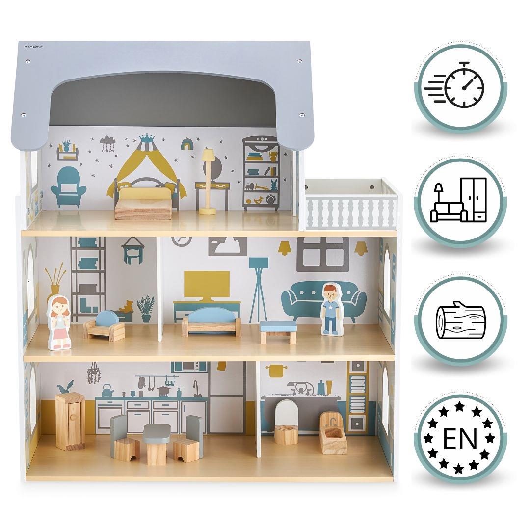 Biely drevený domček pre bábiky s terasou a príslušenstvom