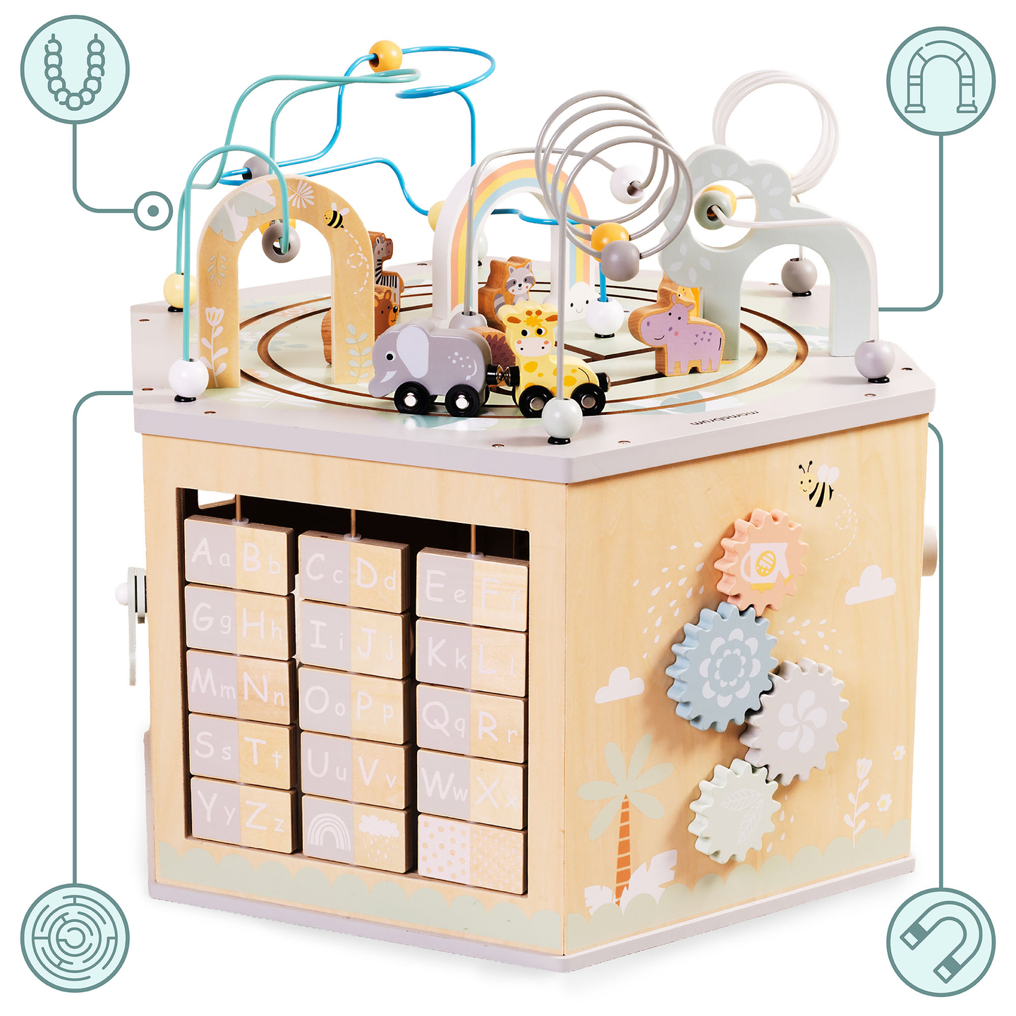 Veľká drevená vzdelávacia kocka - Montessori hračka s magnetickým vláčikom a motorovými slučkami