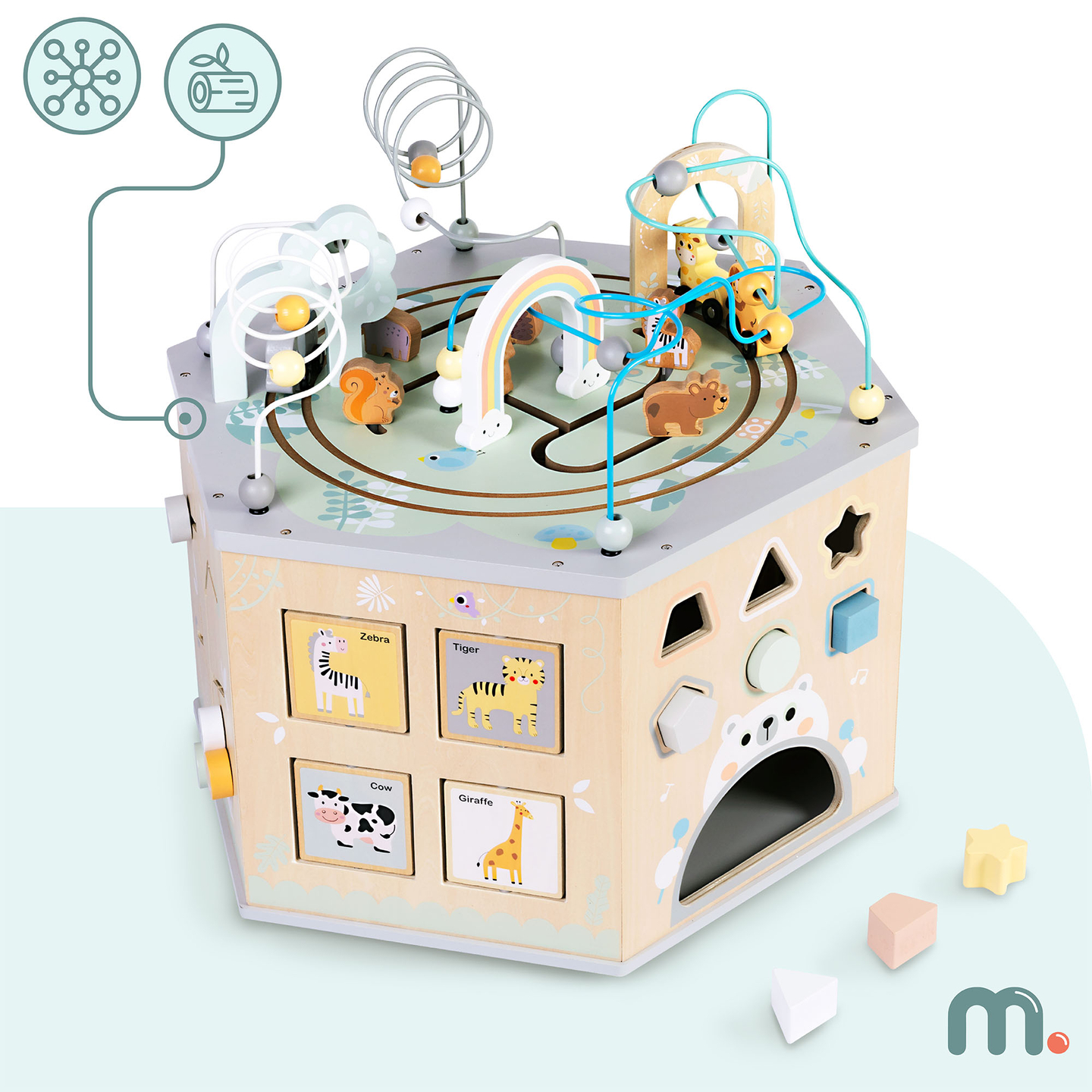 Veľká drevená vzdelávacia kocka - Montessori hračka s magnetickým vláčikom a motorovými slučkami