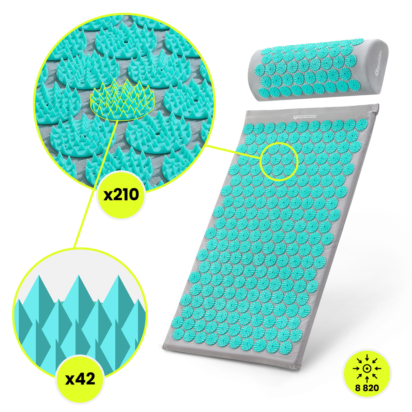 Akupresúrna podložka s vankúšom a poťahom - 72 cm HyperMotion sivo-mätová