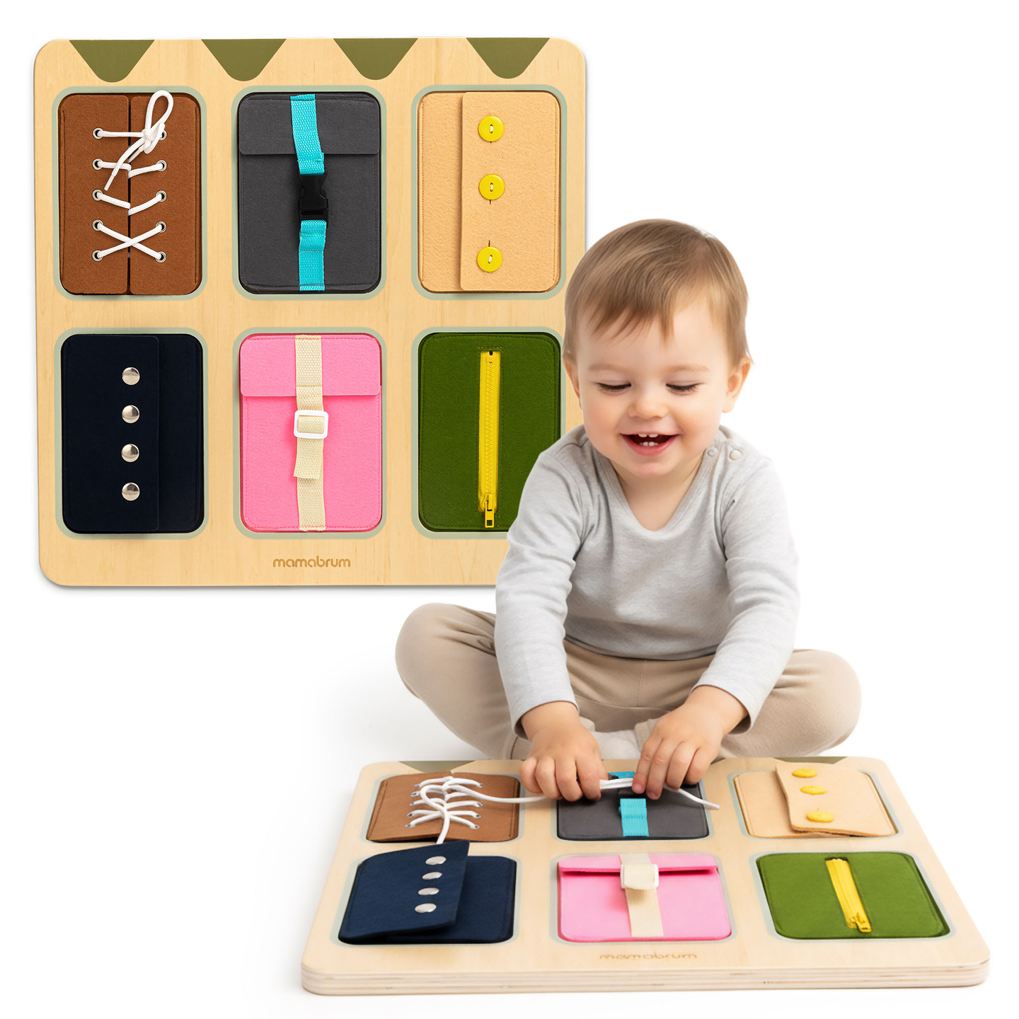 Drevená Montessori manipulačná doska – senzorické učenie samostatnosti – šnúrky, pracky, gombíky, patentky, zips