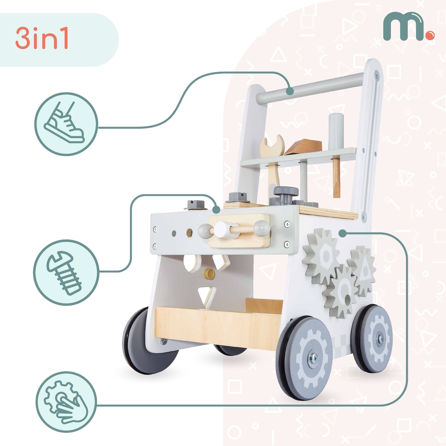 Drevené chodítko 3 v 1, tlačiareň + dielňa - 47 prvkov