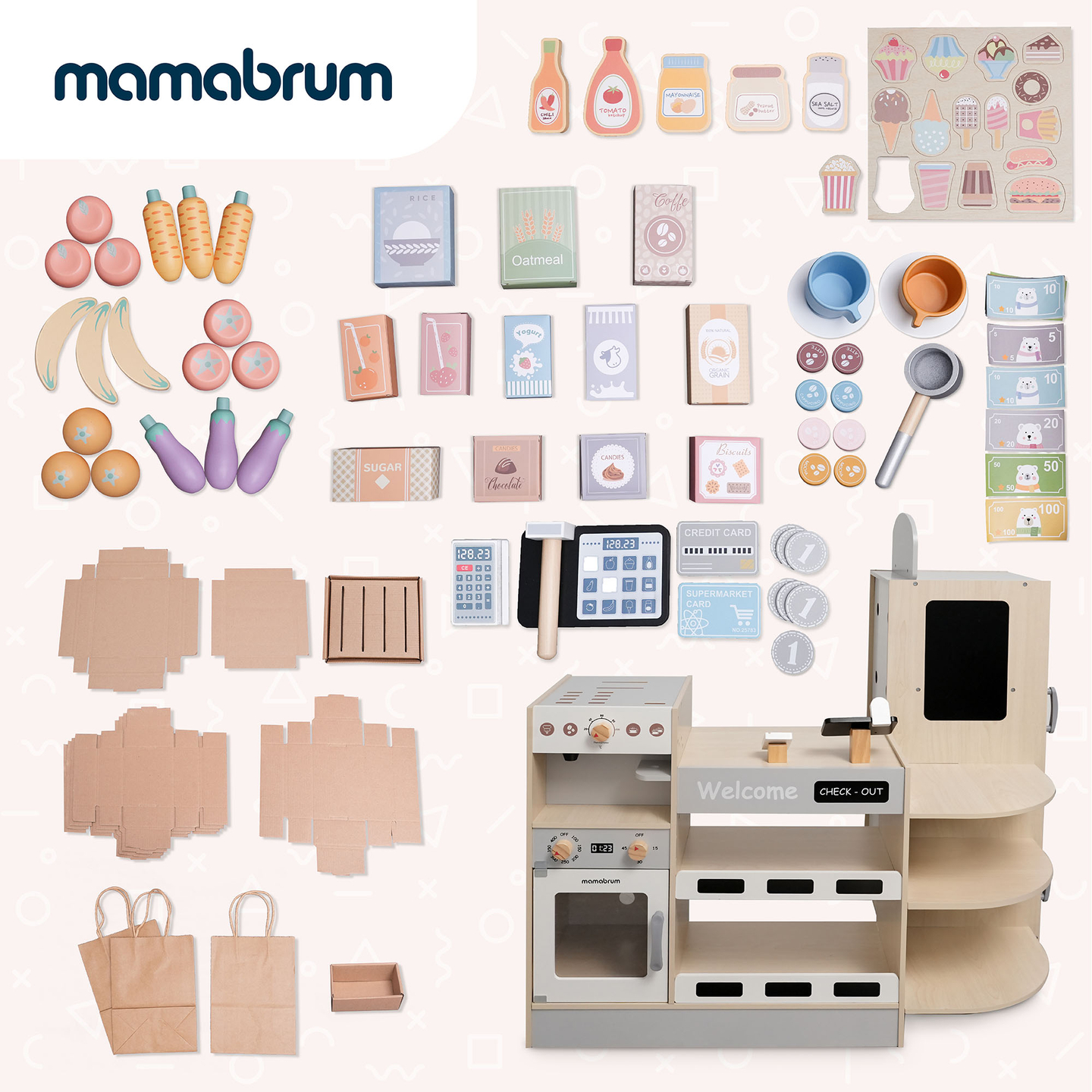 Veľký drevený XXXL obchod pre deti s barom rýchleho občerstvenia - Rohový obchod + Kávovar + Rúra + Chladnička - 106 ac.