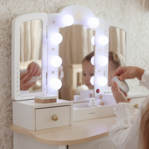 XXL drevený toaletný stolík so stoličkou a LED osvetlením pre deti + príslušenstvo