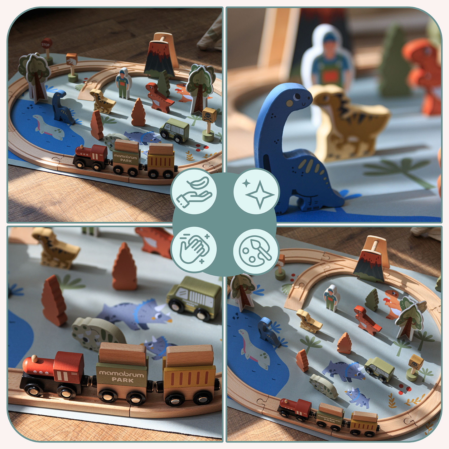 Drevený vláčik Dino Park s protišmykovou podložkou - dinosaury, vláčik, koľajnice, sopka, zvonček