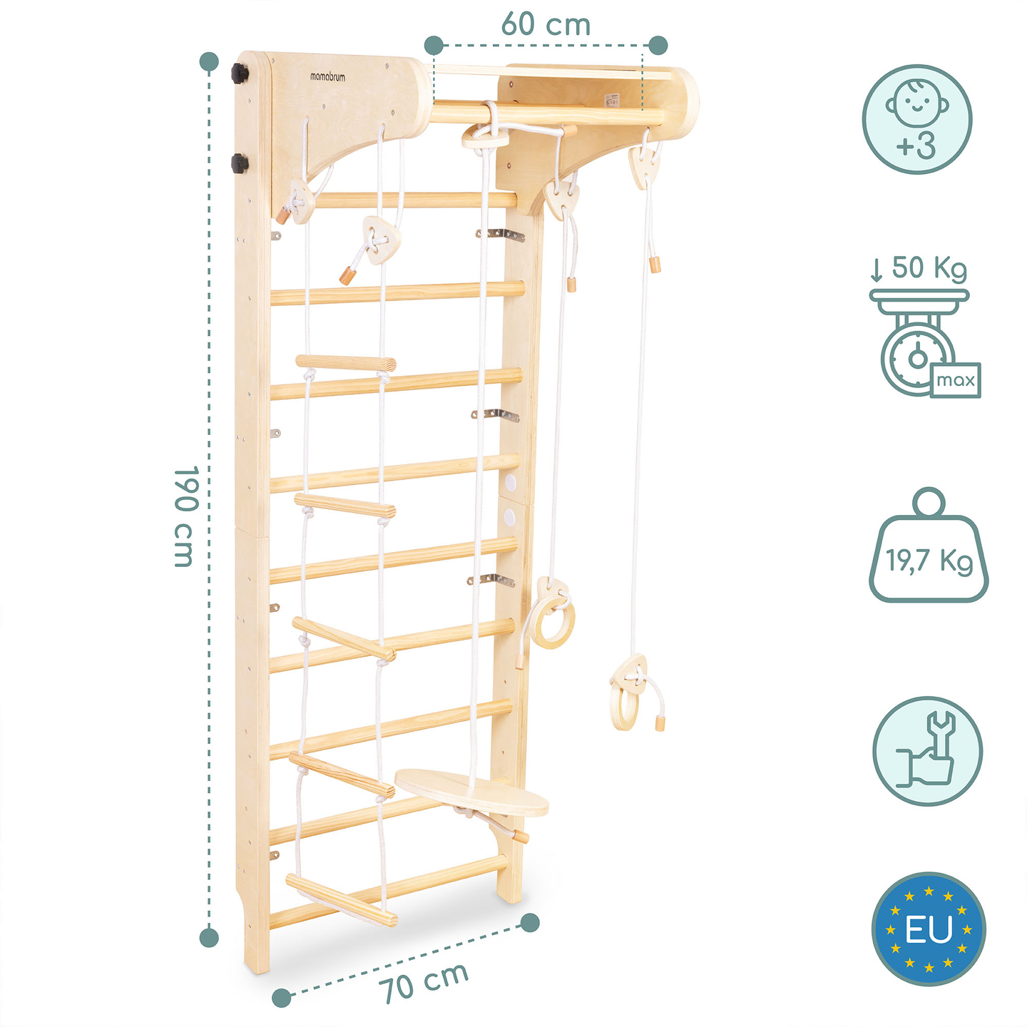 Drevený gymnastický rebrík pre deti s príslušenstvom - hojdačka, gymnastické kruhy a lanový rebrík