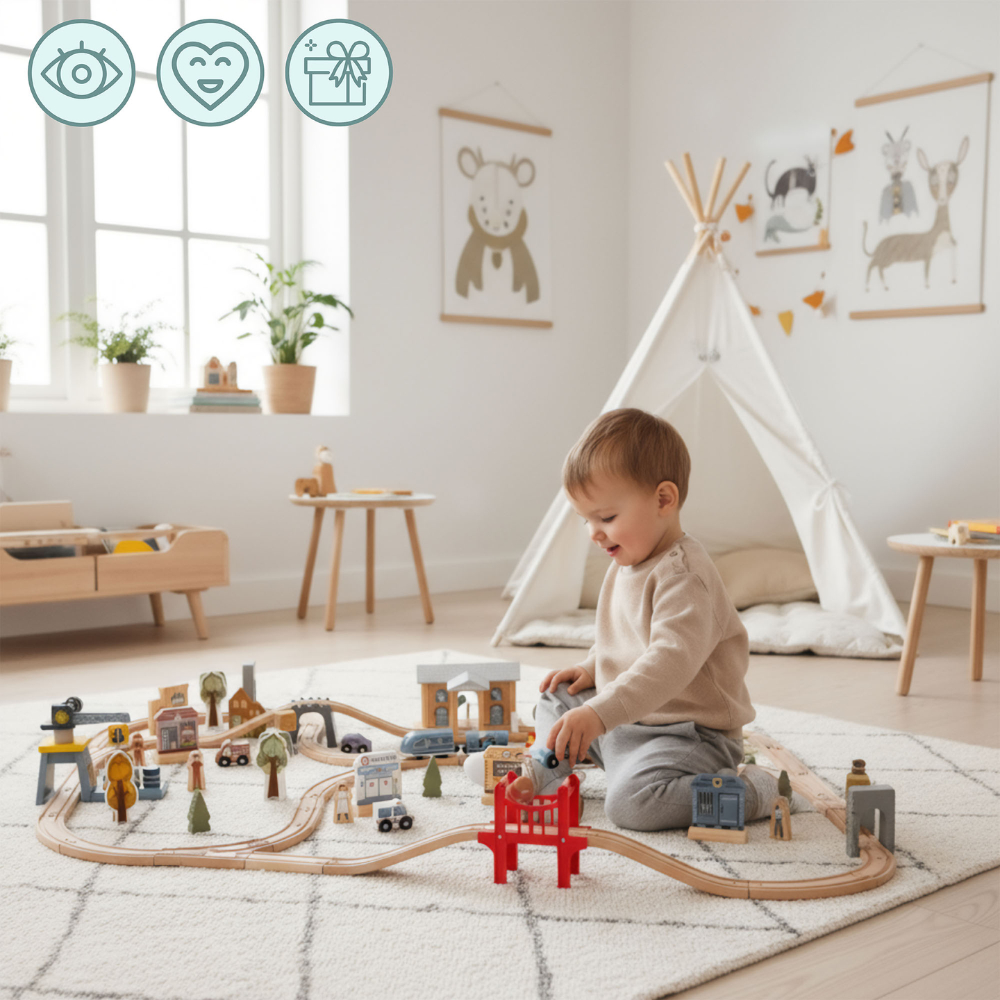 Drevená mestská železnica s elektrickým vlakom - pohybujúci sa žeriav, loď, mosty