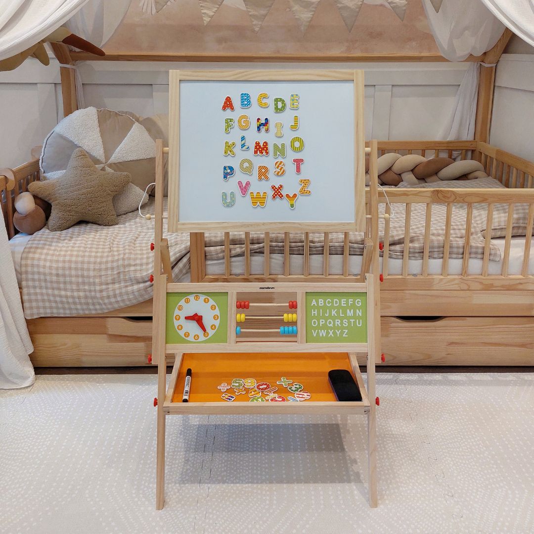 Veľká vzdelávacia obojstranná tabuľa: magnetická a kriedová - tabuľa na vymazávanie za sucha, drevená